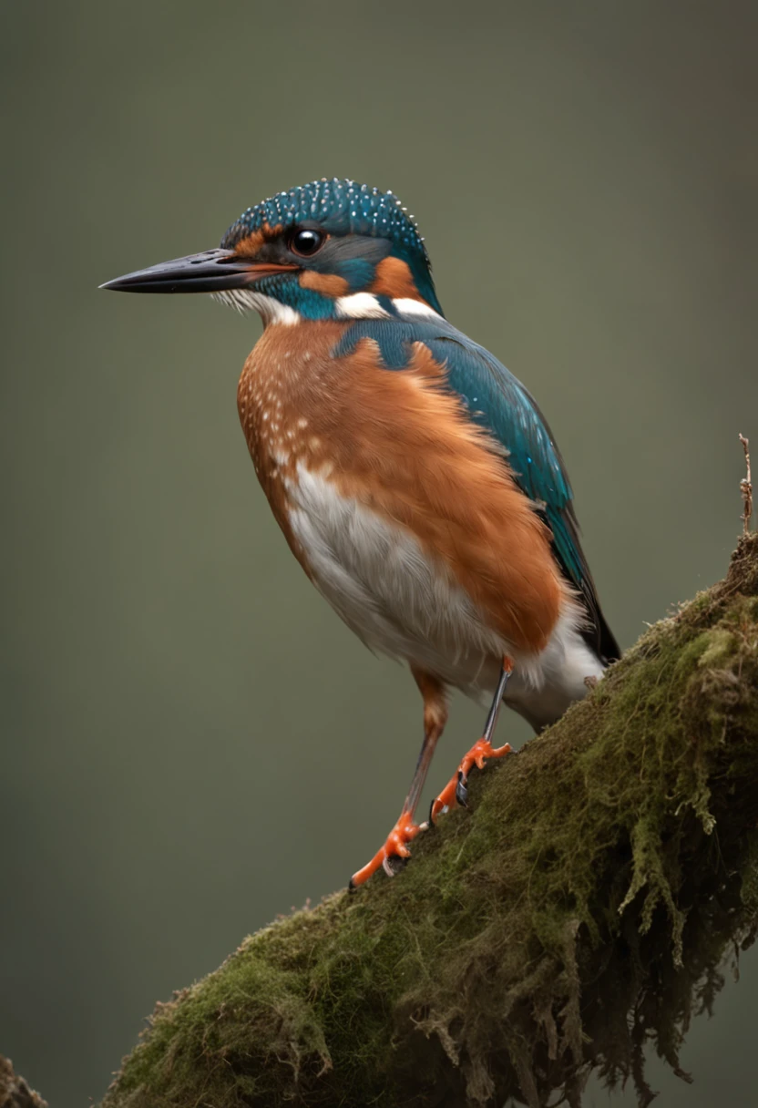 A kingfisher stands gracefully on a branch, Strong morning light diffuses through the mist,Slowly rising around, Highlight its intricate feathers in dramatic side lighting