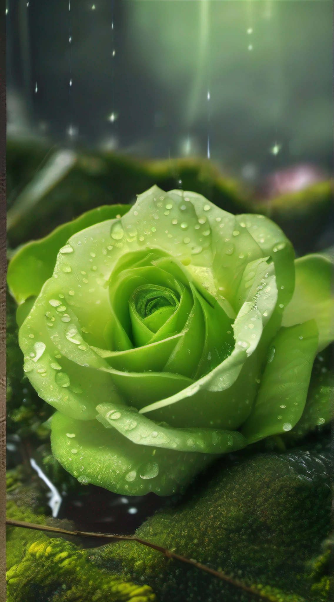 best qualtiy,Texture,Delicate and delicate,8K,Background with:Green forest after rain,The details are accompanied by a rose in a slit of mossy stone,Focus:macro,The light source:Top left,Lemon yellow rose,The petals are dotted with transparent water droplets,