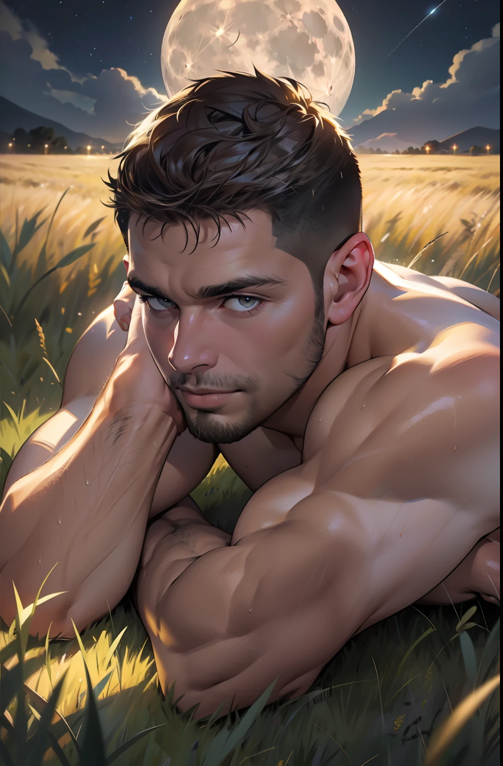 Draw a mature daddy, Chris Redfield, hands on the ground, 50-year-old, naked on the steppe at night, completely naked, lying down on his back on the golden field, top-down camera view, aerial shot, slightly wet skin, Quiet and comfortable background，Handsome face，eyes with brightness，The man looks confident and determined，looking-down，Crew cut, Stars dot the sky，Big moon highlights background, great view of the golden field, full-body shot