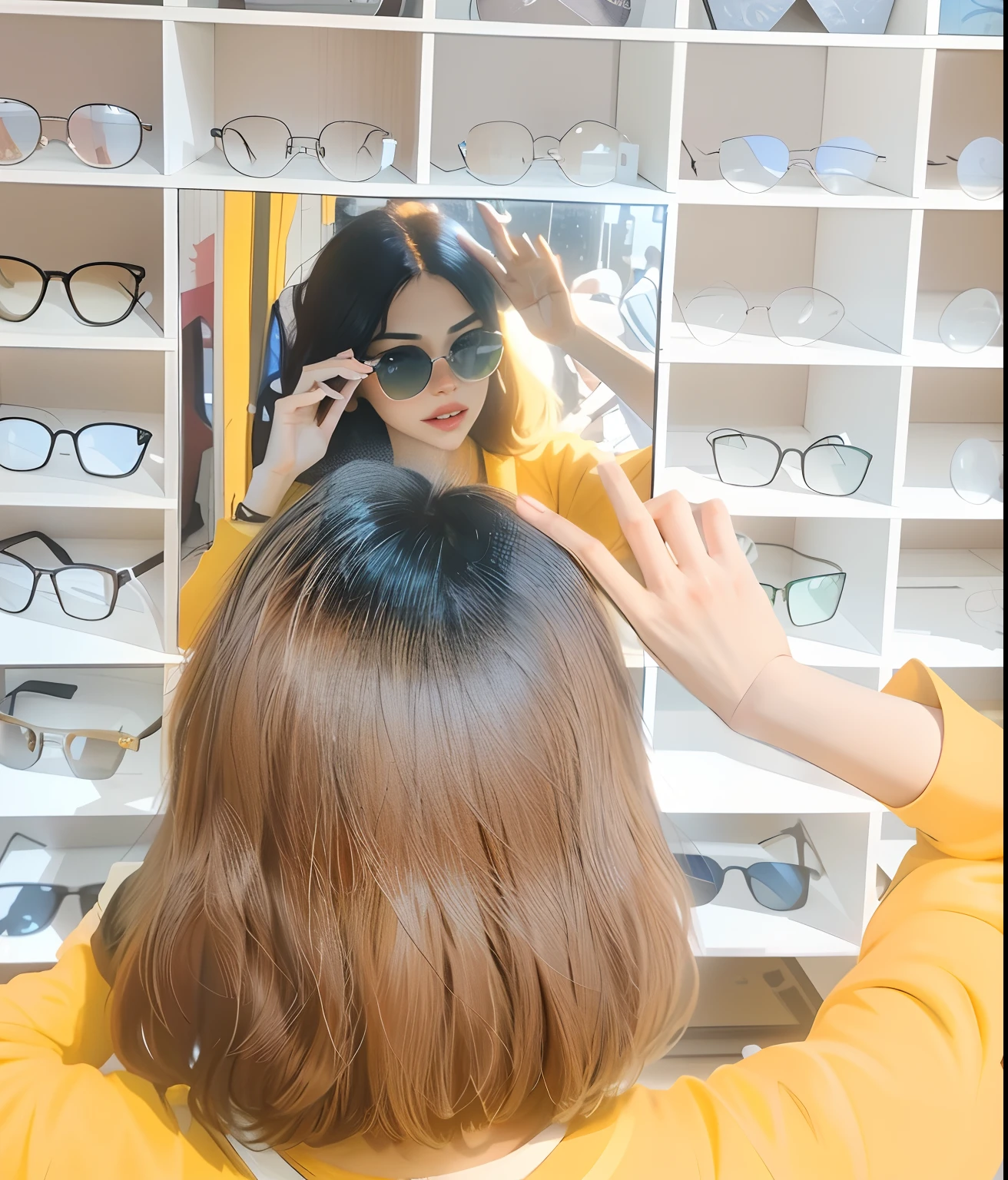 there is a woman that is looking at her reflection in a mirror, with sunglass, some glints and specs, with mirrorshades sunglasses, with lovely look, candid picture, spectacles, 🤬 🤮 💕 🎀, low quality video, glasses without frames, eye relections, sun glasses, with sunglasses, 🪔 🎨;🌞🌄
