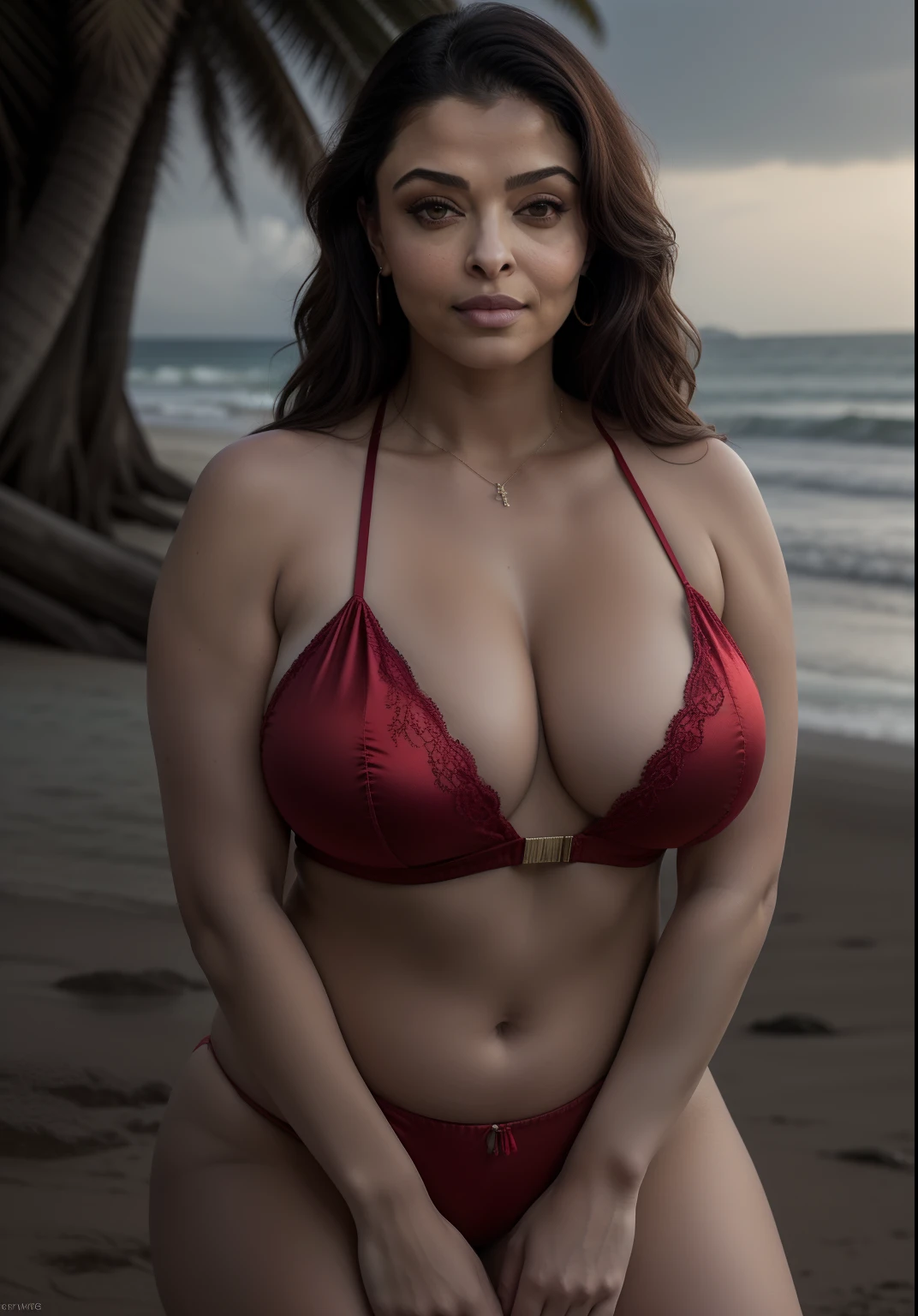 Day scene, athletic curvy milf body of aishwarya rai, posing in beach, chain choler on neck, breasts hanging out, hourglass milf figure, huge breasts, wearing red micro bikini, thigh high boots, catwalk on the beach, massive cleavage show, nipple visible, seductive face, look at a camera and winking smile, ponytail hair, erotic adult face, 42 yo, soft volumetric lights, intricate details, (ArtStation:1.2)