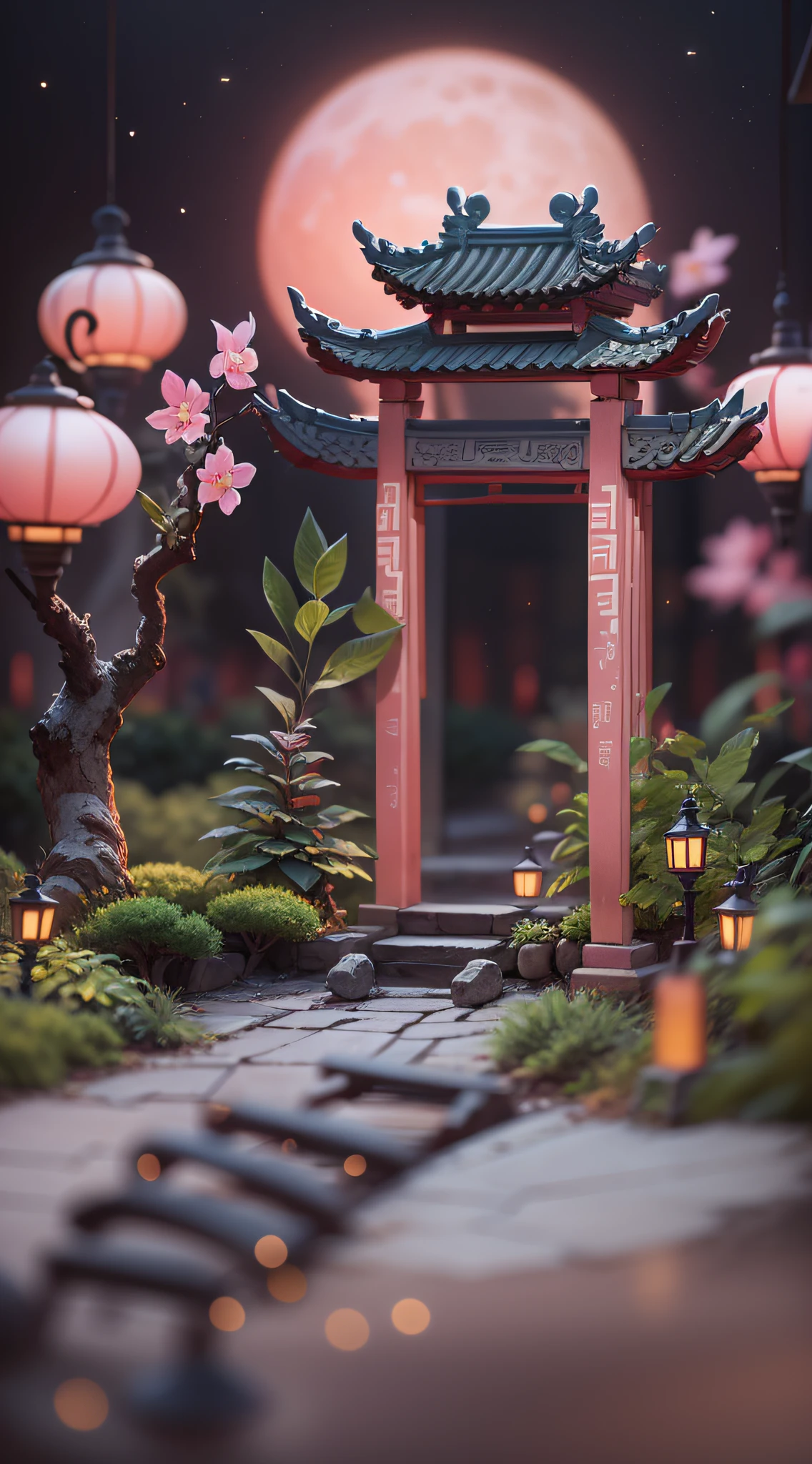 Pink Moon x1.5，Paper sculpture x1.5，Tilt-Shift，the night，Cloud x1.3，Osmanthus x1.2，Soft lighting，Suzhou Garden，Lanterns，Kongming Lantern，1 arch bridge，Oriental elements，Dreamy，Pastel colors，Bright colors，Traditional Chinese color scheme，reasonable design，Clear lines，High sharpness，Best quality，Very detailed，Masterpiece，offcial art，movie light effect，4K