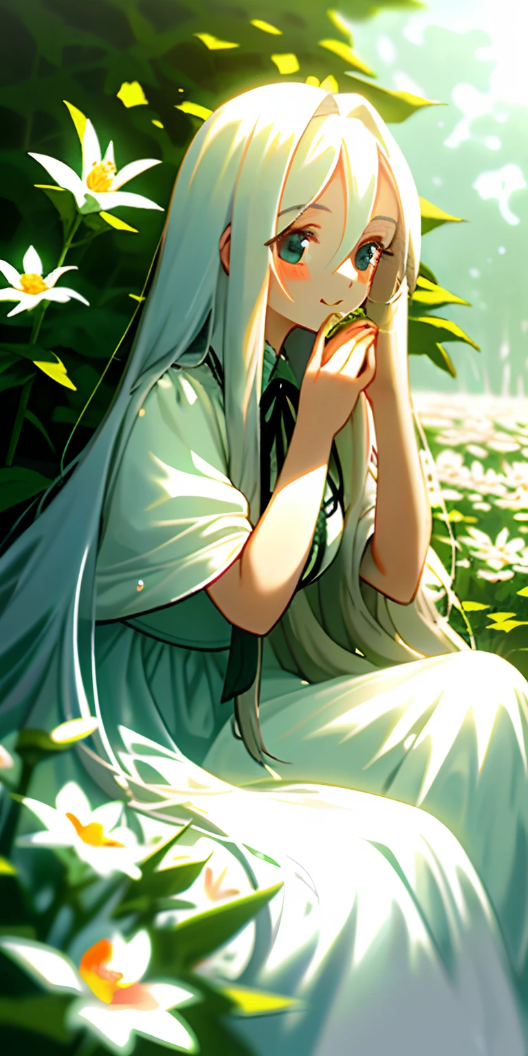（tmasterpiece，best qualtiy），1 girl with long white hair sitting in a field of greenery and flowers，her hand under her chin，Ruddy mouth slightly open，There was also a milky white thick liquid warm light on the tongue and mouth that had not had time to swallow，white dresses，Blurred foreground