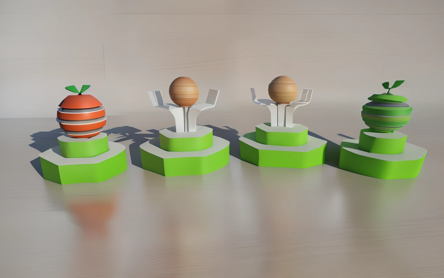 There are three different shapes and sizes of wooden toys, 3 d render stylized, stylized 3d render, game assets, 3D illustration, 3 D 插图, depicted as a 3 d render, 3 d rendered, physically-based renderingt, cycles4d render, satisfying render, fairy fruit. rendering by octane, designed in blender, 3 d videogame render, physically-based renderingt