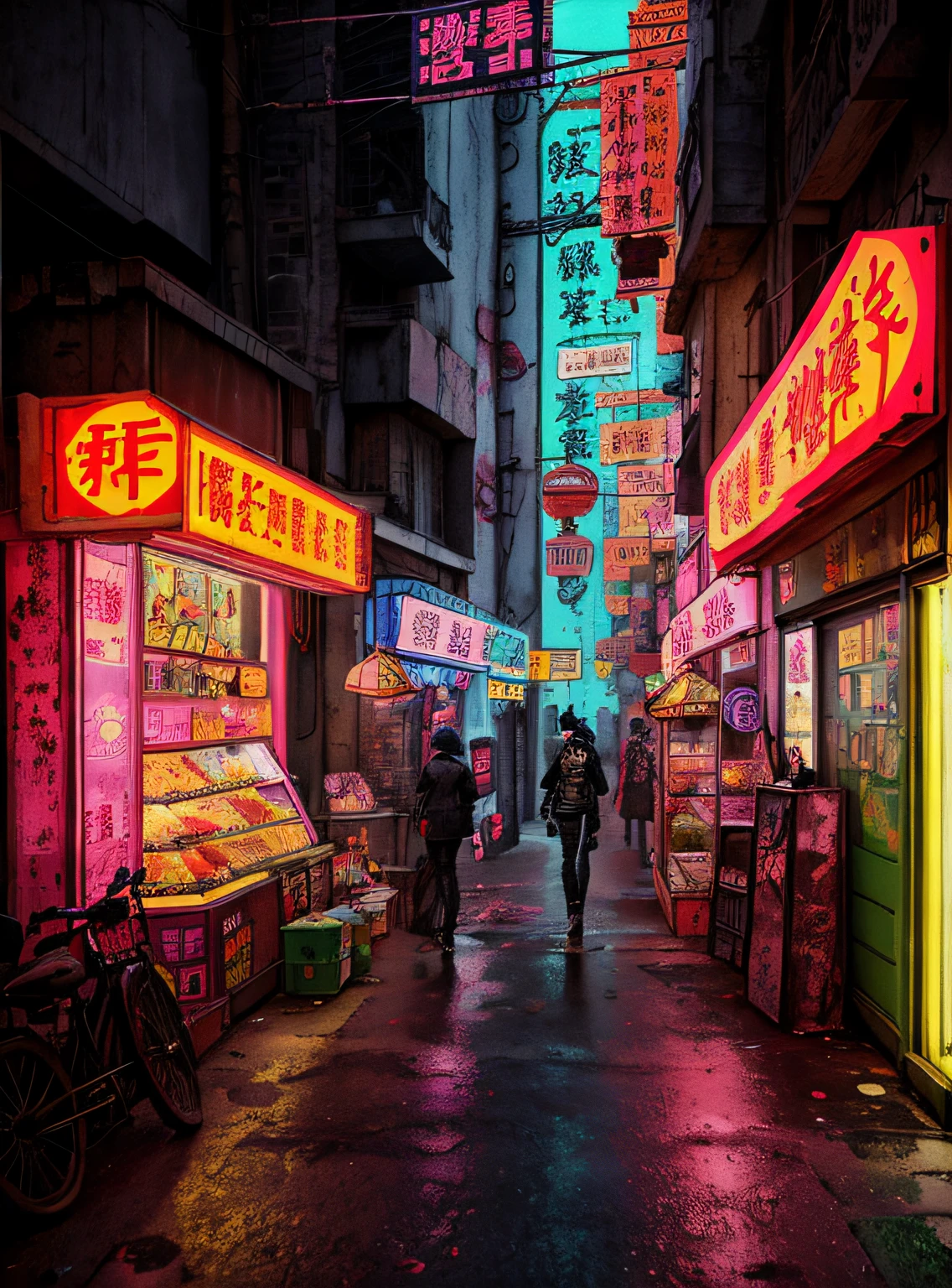 Dark-style shop on the sidewalk in front of the building, The theme is the Dark Punk City Market, gta chinatown art style, dirty street background, 3 d stylize scene, Blood punk city background, Super realistic punk style, Punk architecture, alley,Gothpunk back alley,down view,Punk Dark Wines