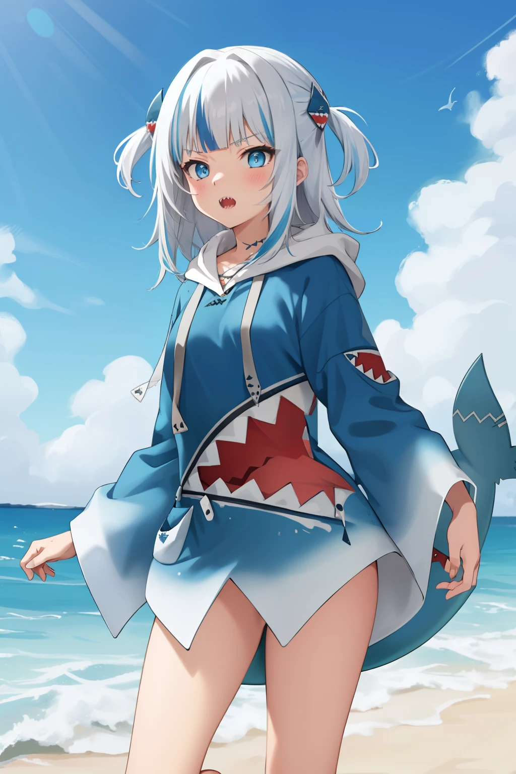 best quality, intricate details, 1girl, white hair, blue eyes, sharp eyes,messy hair, blue highlights, sharp teeth, blue hoodie, shark teeth design, bare legs, hair ornament, gawr gura, shark girl, shark tail, shark print, blue hoodie, sharp teeth, animal hood, shark hair ornament, standing,  outdoor, beach background