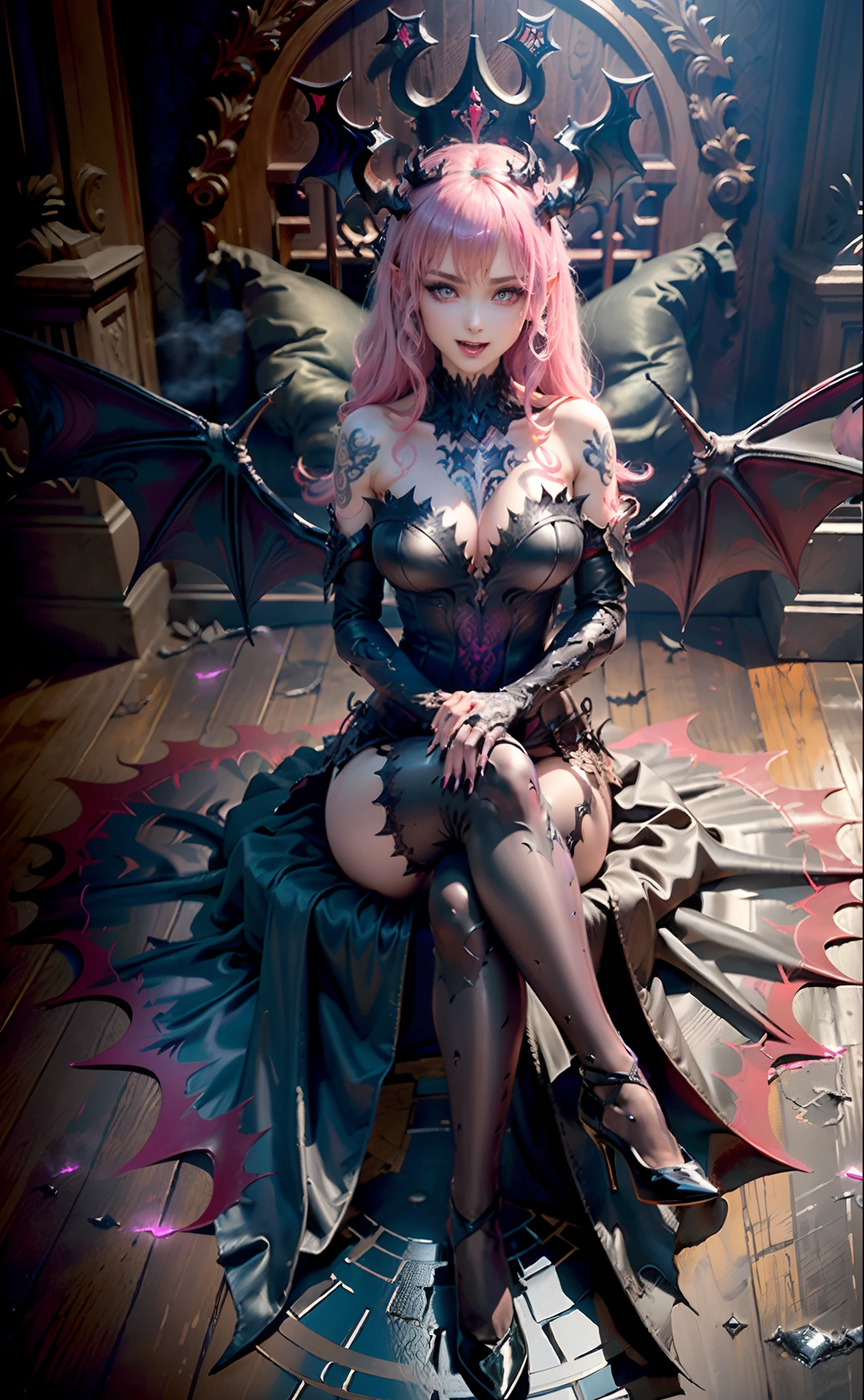 best quality, masterpiece,ultra detailed, official art,(extremely detailed CG unity 8k
wallpaper), (masterpiece), best quality, illustration, (powerful), art oflight, artist style, beautiful detailed star sky,(((bat print black kneehighs ))), (cygames:1.4), (dark flame:1.3), Japanese light novel cover, grand scene, dark bodysuit,((fullbody)),((succubus tail)),
(beautiful detailedgirl), (((solo))),(((full body))),wet skin, (((demon queen))),
metal, complex pattern, beautiful detailed hair,red luminous eyes, longeyelashes,
((constricted pupils)),pointy ears, slit pupils,silver long hair,beautiful collarbone , (purple tattoo), (tattoo on leg), tattoo on arm, luminous gem on chest,(demon heart tail),demon fang, pointy ears,
((purple long fingernails)),(bat decorate soft armor), ((bat decorate high heels)),giant bat wings,(fingerless_gloves), bat print black garter belt, (elbow_gloves),fang out, a group of bats, ((endured_face, open mouth, seductive smile, )),lingerie,
bat decorateanklet,bat decorate body,(presenting foot), (luminous tattoo),(queen),useing magical, (beautiful detalied hands), nfsw, (((pink steam from full body ))), ((2legs)) ,(crossed legs:1.5),(lying on side:1.4),