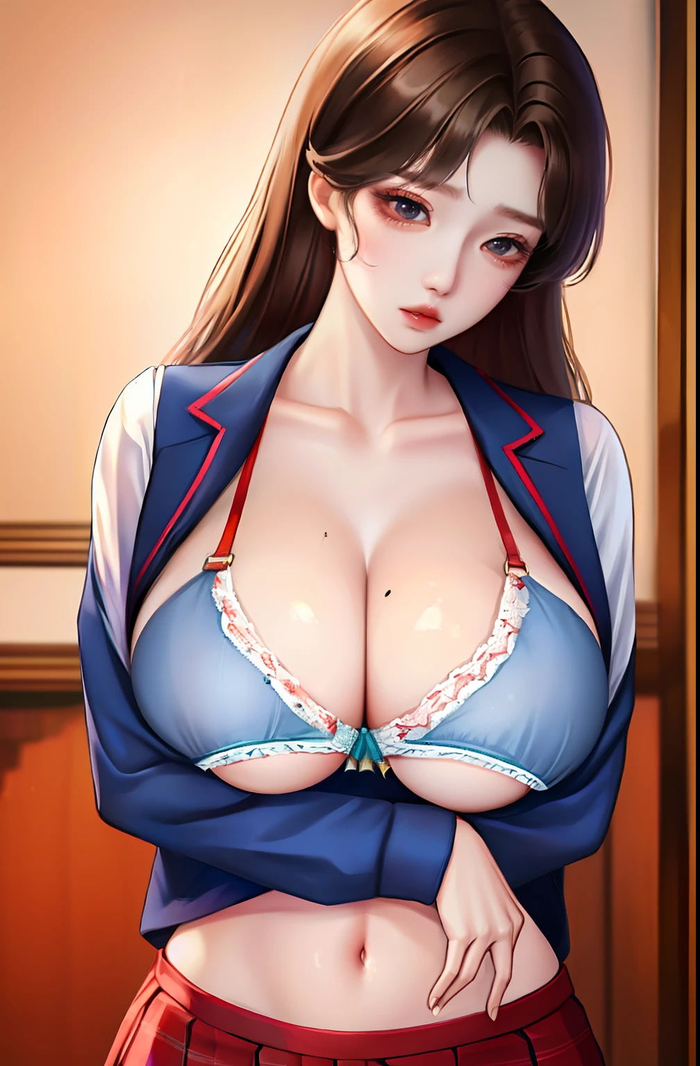 1girl,koreangirl age 14,very beautiful detailed face,torn shirt and miniskirt uniform,super big breast,(P cup), Girl sad because sexy body, super big breast looming out bras
