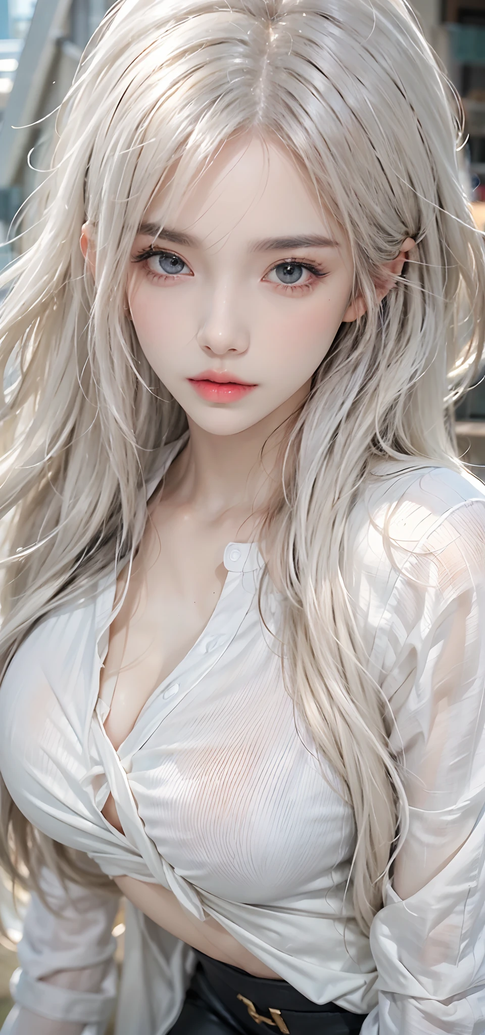 Photorealistic, high resolution, 1 Women, Solo, Beautiful eyes, view the viewer, Close lips, Detailed face,,long whitr hair, Big breasts Thin waist,long leges,Raised sexy,The kinky is exposed,(Wearing:White loose shirt,black colored leggings)
