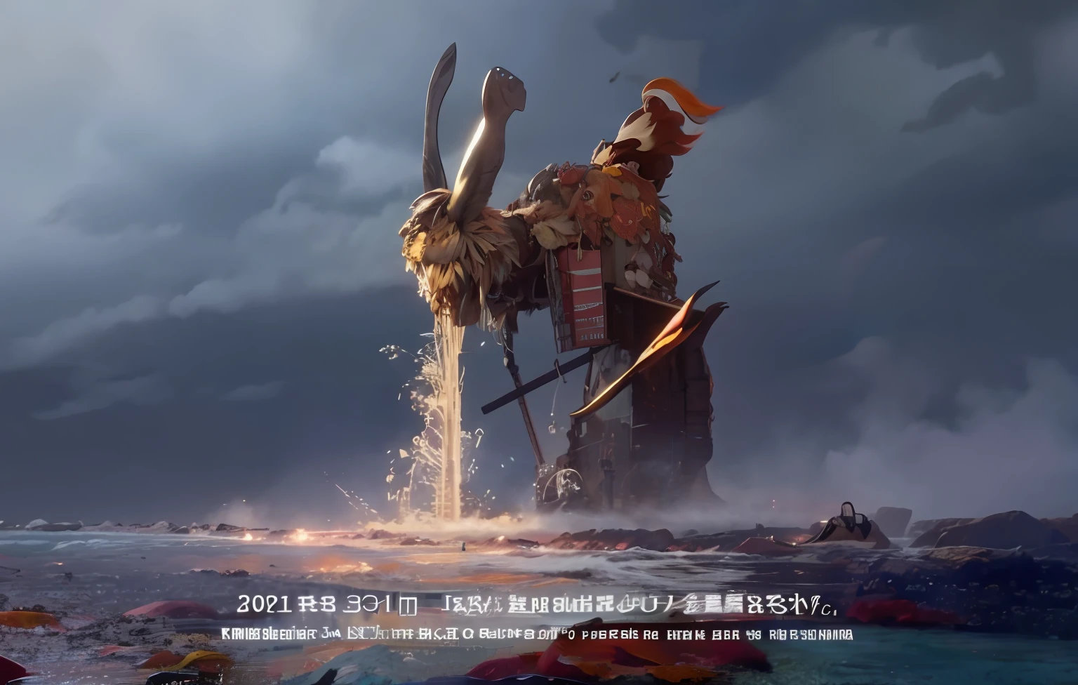 Close-up of a giant animal in the water,Two nuclear bombs on the body,There is a dog chain around the neck,Spit out nuclear wastewater,The background is a ship, concept art 2022, japanese cgi, 2023, 2 0 2 3, From NCSOFT, screenshot from the anime film, japanese vfx, 2 0 2 4, 2024, 2022, square enix cinematic art, 2 0 2 2