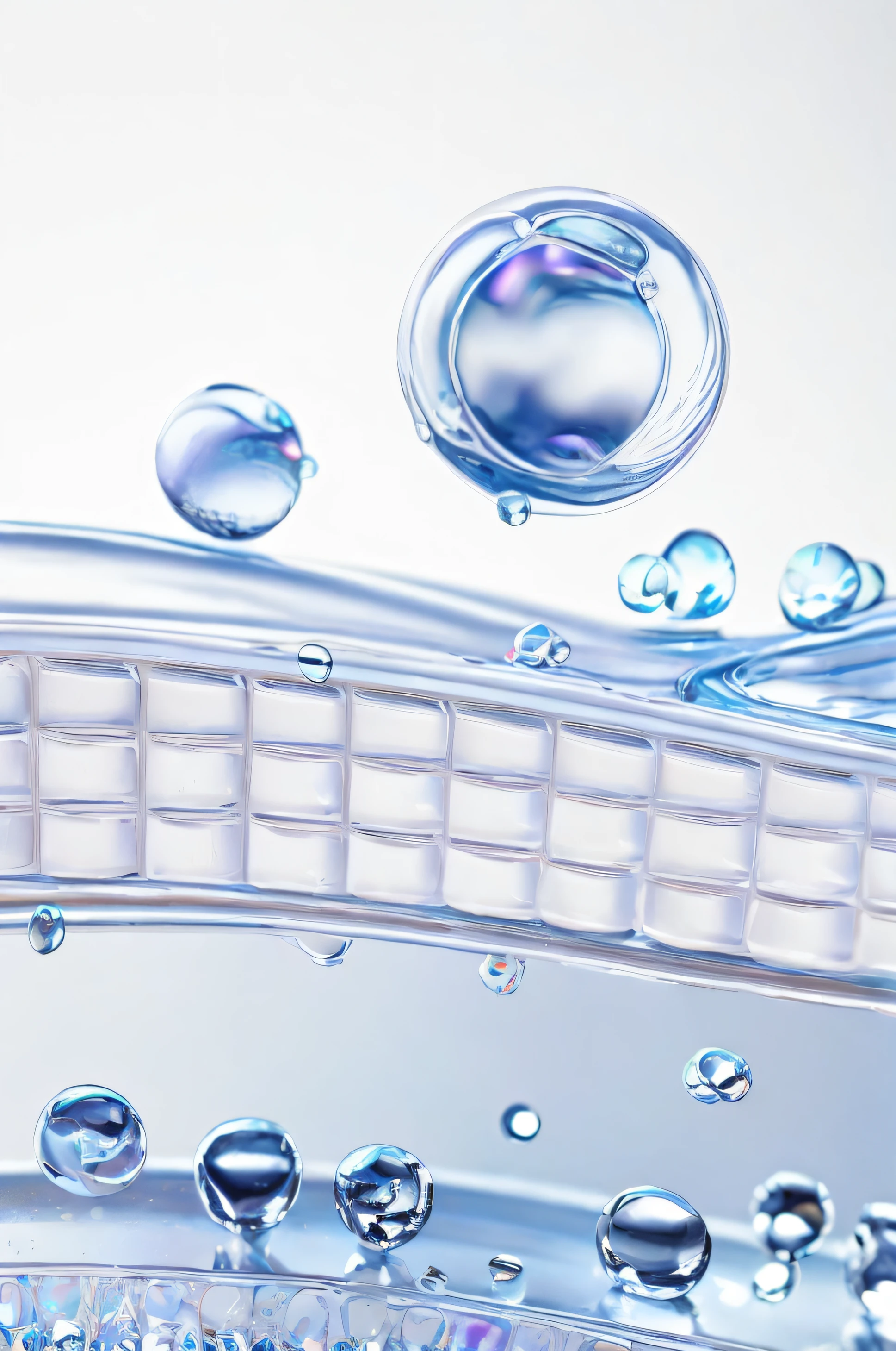 There is a close-up of a glass object with water droplets, 3 d fluid simulation render, water bubbles, water bubbles, water particulate, Glossy surface, liquid simulation background, soft iridescent membranes, liquid simulation, water particulate, The droplets run down the bottle, fluid simulation, bubbling liquids, water droplets frozen in time, detailed droplets