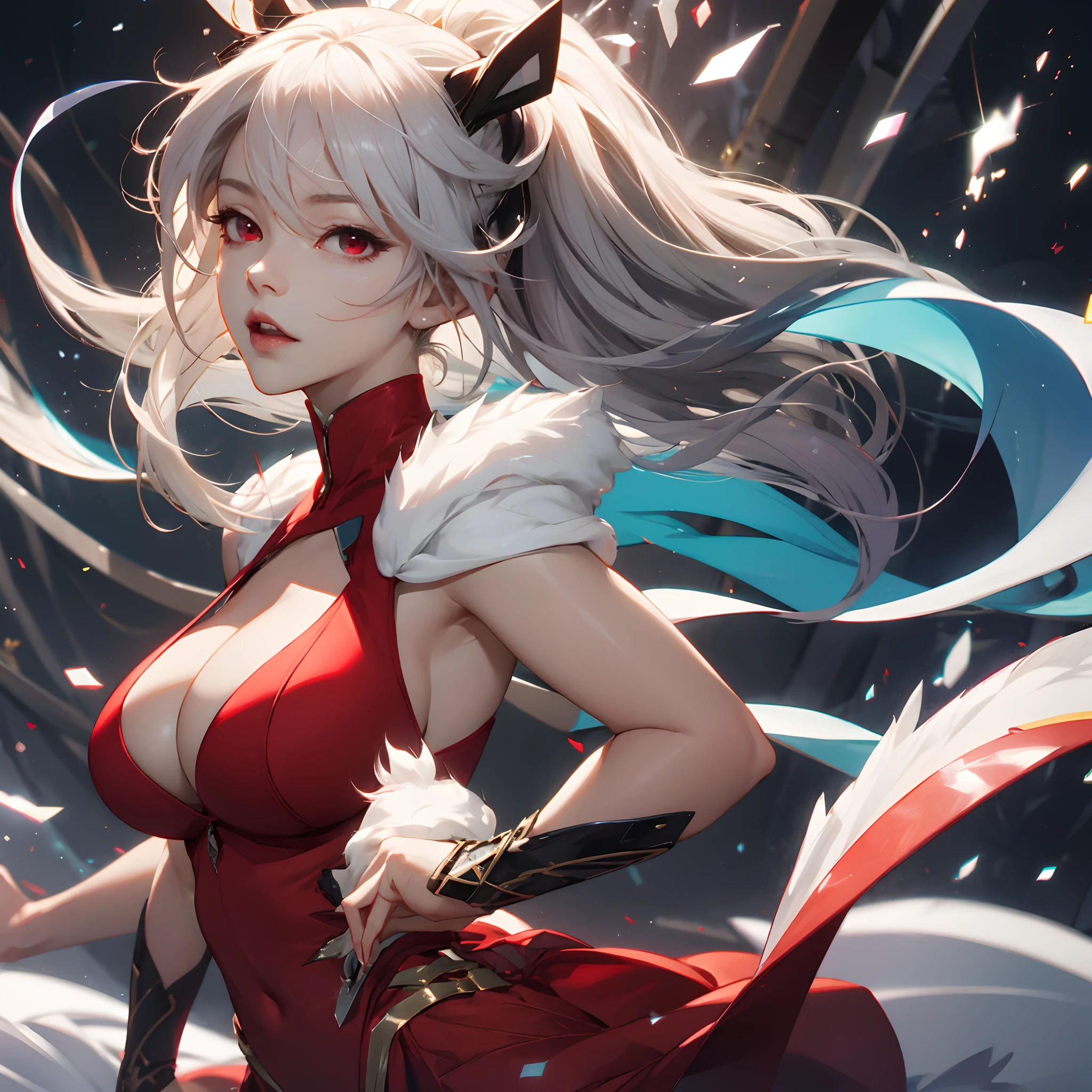 whaite hair,Lori huge breasts cleavage,anime big breast,Red eyes