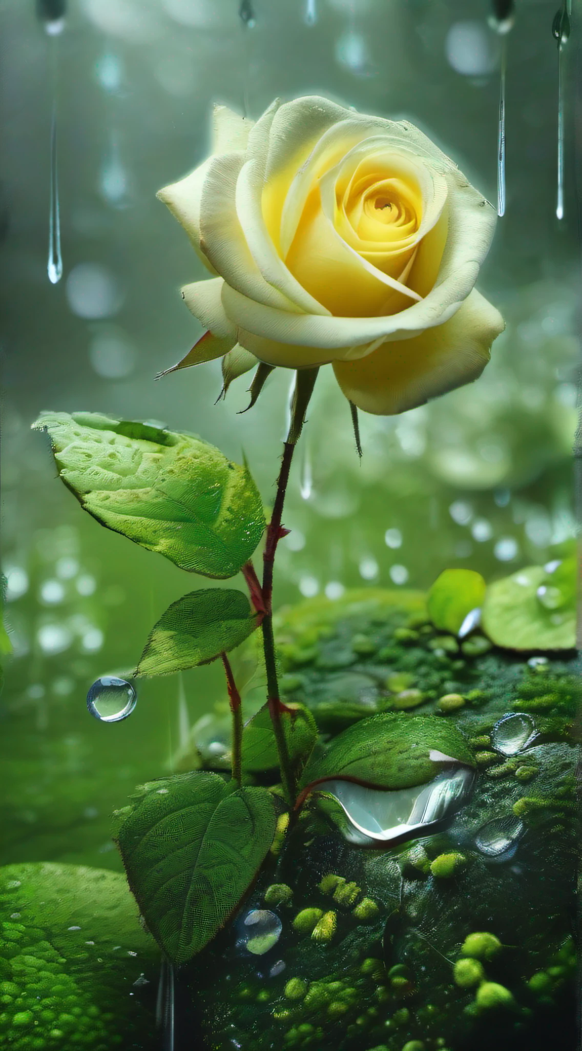 best qualtiy，Texture，Delicate and delicate，8K，Background with：Green forest after rain，The details are accompanied by a rose in a slit of mossy stone，Focus：macro，The light source：Top left，Lemon yellow rose，The petals are dotted with transparent water droplets，