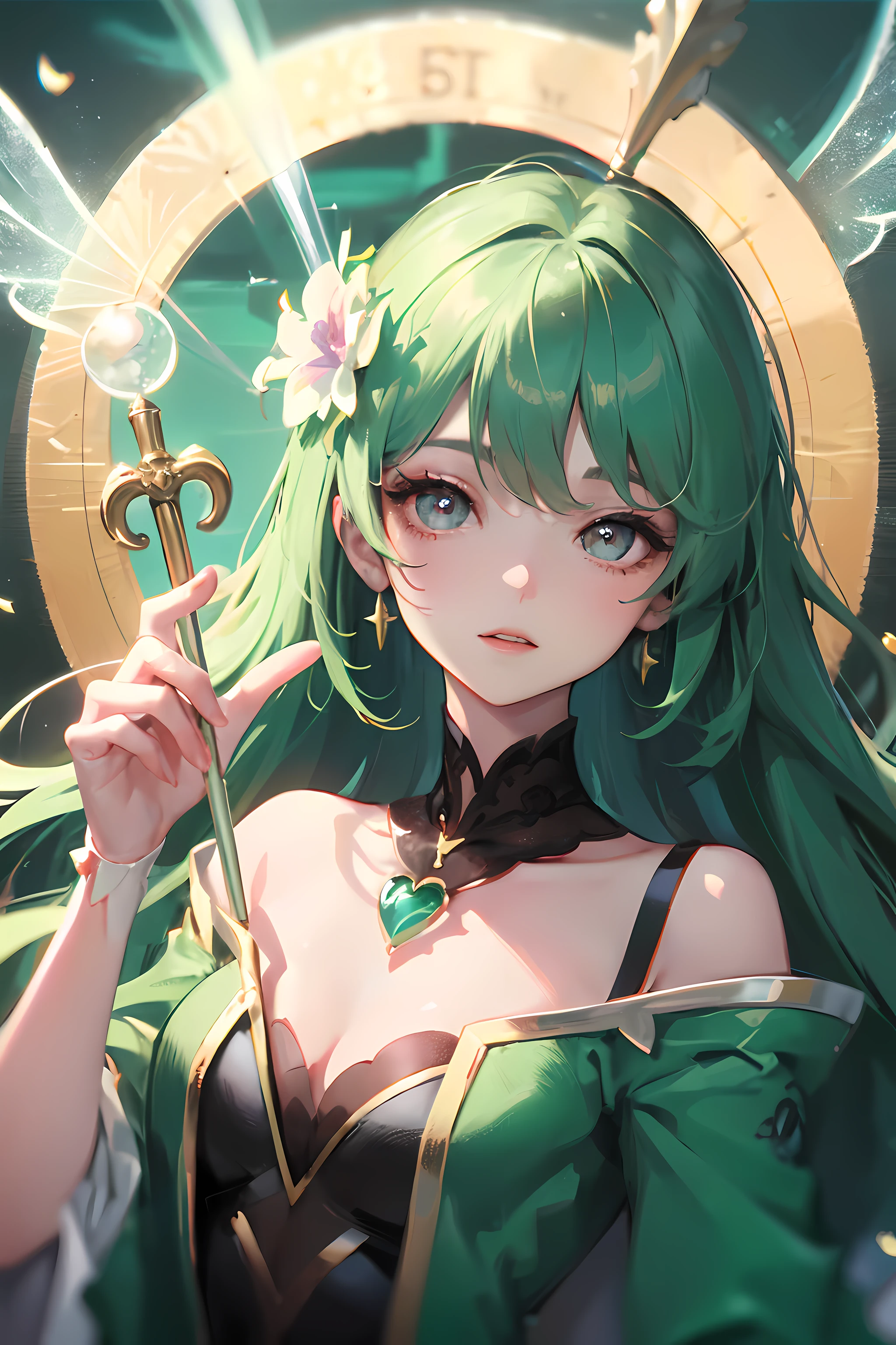 Name: Verdanaka
Element: VERDANTHIA
Description: A serene and compassionate nature healer, feared for her potent healing abilities and unyielding devotion to the balance of life and death. With long, curly, emerald green hair that cascades down her back and mesmerizing, warm-brown eyes, she is a beacon of hope and nourishment in the midst of chaos.
Prompt: ((((Obra maestra, La mejor calidad, ultrahigh resolution)))), 1girl, serene, sitting, (curly, long hair, emerald green), ((refined features)), ((warm-brown eyes)), (((ultra detailed face, detailed eyes:0.9))), ((outdoor setting, blooming flowers, sunlight:0.8))), medium breasts, crossed legs, (((healing staff in hand))), smiling, (((calming aura))), lively eyes, beautiful lighting, outside, outdoors, nature, ((defined subject)), 27 years old, ((emotionaldepth)), (((wholesome)))