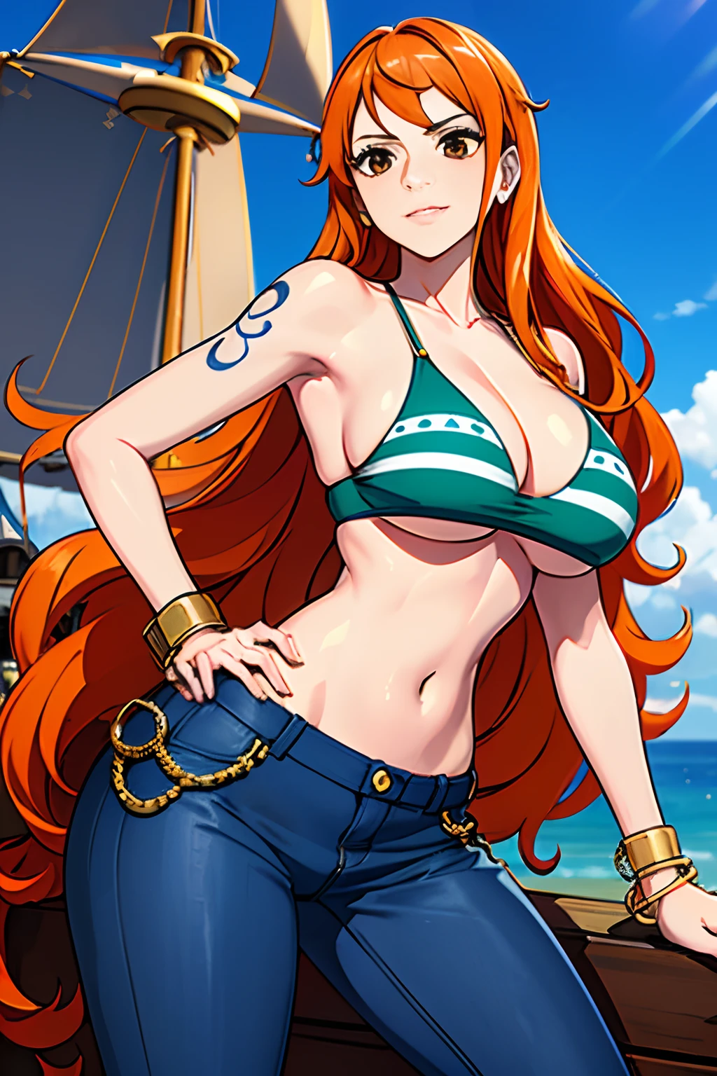 (((masterpiece+best quality+high resolution+ultra-detailed))), 1girl with clima-tact, Nami, long silky orange hair, high nose, sharp eyes, noble and inviolable temperament, (([female]: 1.2 + [beauty]: 1.2 + orange long hair: 1.2)), pirate ship background, blue sky, clouds, log pose, gold bracelets, revealing full  , tight low-rider jeans, shoulder tattoo, bright eyes, dynamic angle and posture.