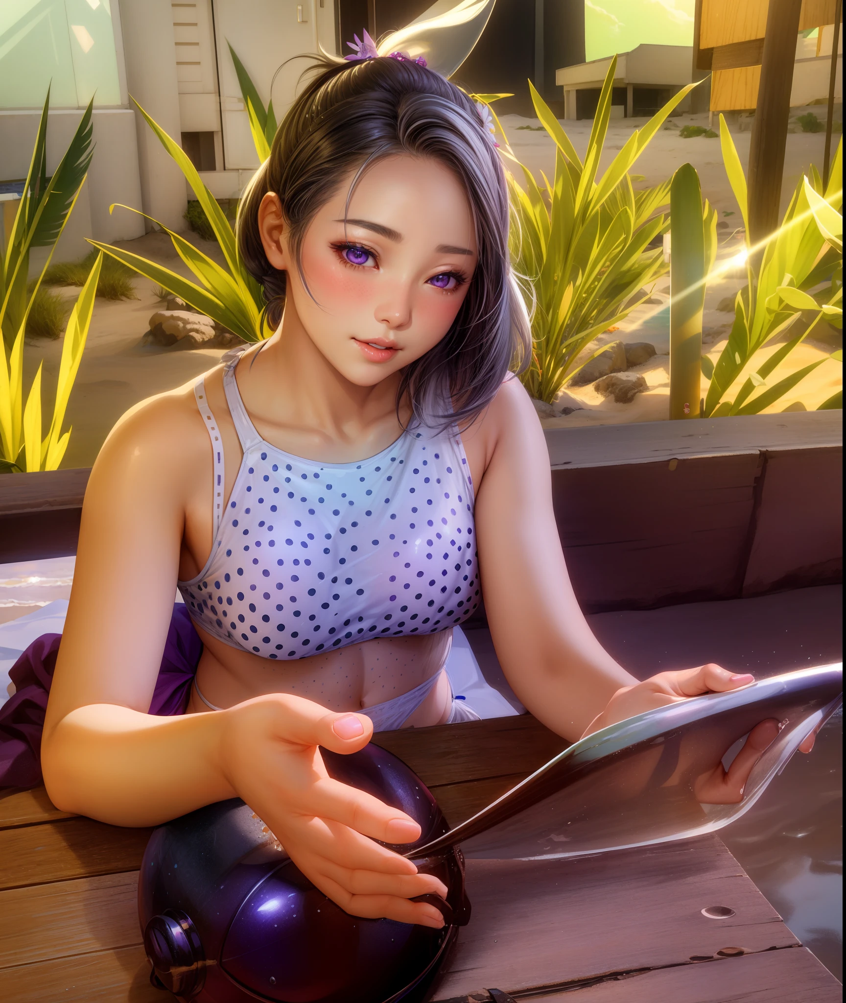 (realistic:1.2), 1girl, white hair, ponytail, purple eyes, makeup, korean girl, parted lips, blush, bikini, side-tie bikini bottom, [abs:0.3], [collarbone:0.8], medium breasts, light smile, peace sign, v, beach, sand, ocean, waves, sun, sunlight, water reflection, shiny skin, hair ornament, hair flower,