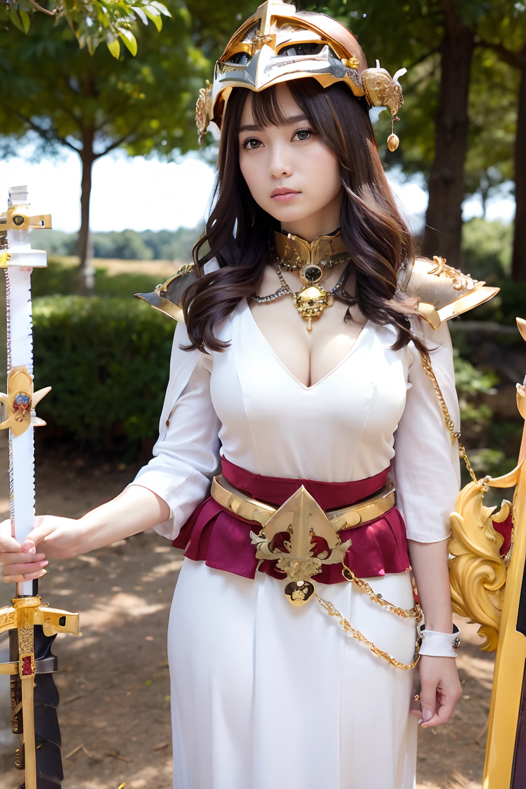 (masutepiece), Professional , ​masterpiece、top-quality、photos realistic , depth of fields ,（Wind element），close-up，dream magical，tornado，Lightning，cleavage of the breast、（Gemstone Gold Jewel Body:1.６),(Matte White、Jewel Gold Weapon_、（Metal:1.４),Gorgeous Jewel Metal Weapons ,(( Detailed Sword of the Brave)) ,（Stand in front of the dragon）、（magic circles、Magic Chanting）、  Castle background  ,warhammer 40k , adepta sororitas,Wear a gorgeous jewel helmet with attention to detail、Brown hair、（(Gangle's forest background))、Beautiful Caucasian beauty、１a person、dynamic ungle,(((Legendary Armor Jewelry Helmet)))、Particles of light、cleavage of the breast、Battle Pose、Mystical expression、
