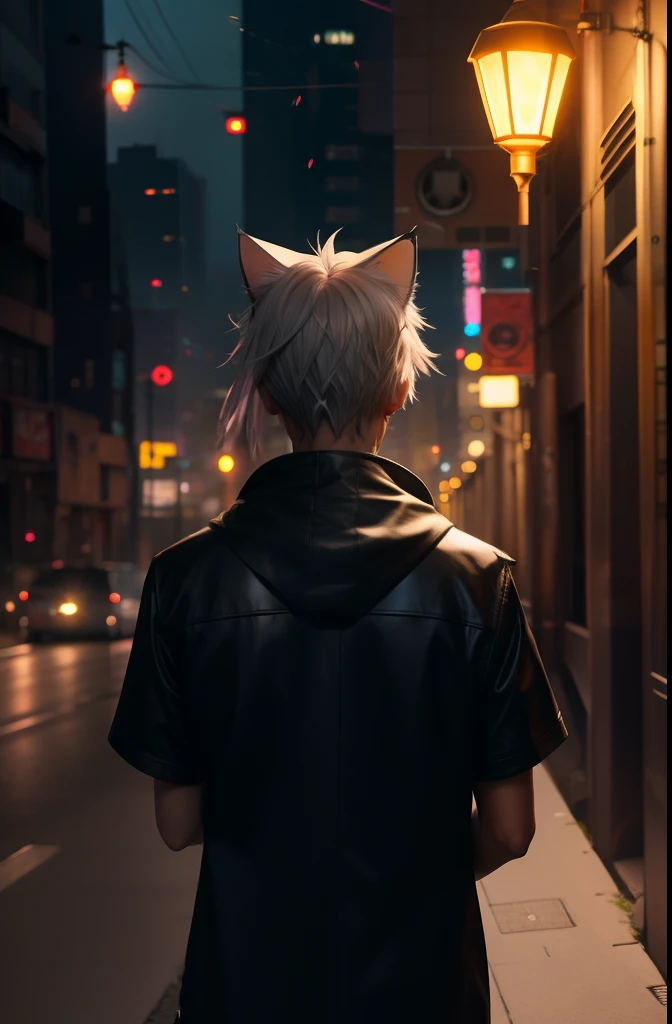 Cat Ears Fury Shota Cyberpunk style Prosthetic Makeover Back Terrace View City Light pollution Night view