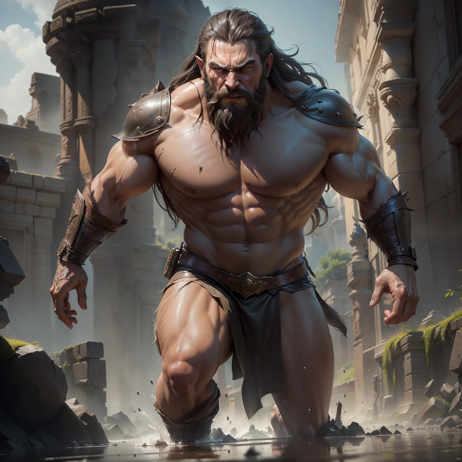 (professional 3d render:1.3) af (Realistic:1.3) most beautiful artwork photo in the world,Features soft and shiny monkey heroes, ((Epic hero fantasy muscle man rough wet hero angry looking long hair short beard and ferocious expression in dynamic pose, Fantastic location, Majestic cluttered environment)), Full body 8K unified rendering, action shot, skin pore, very dark lighting, heavyshading, Detailed, Detailed face, (vibrant, photograph realistic, Realistic, Dramatic, Dark, Sharp focus, 8K), (Old leather garments damaged by weathering:1.4), ((((Wear fur)))), (Intricate:1.4), decadent, (Highly detailed:1.4), Digital painting, rendering by octane, art stations, concept-art, smooth, Sharp focus, illustration, Art germ, (loish:0.23), wlop ilya kuvshinov, and greg rutkowski and alphonse mucha gracias, (Global illumination, Studio light, volumettic light), heavy rain, particles floating, lotr, fantasy, elf, full bodyesbian, ((Dark and ancient city background:1.3)),CGSesociety,art stations wearing orenge dhoti