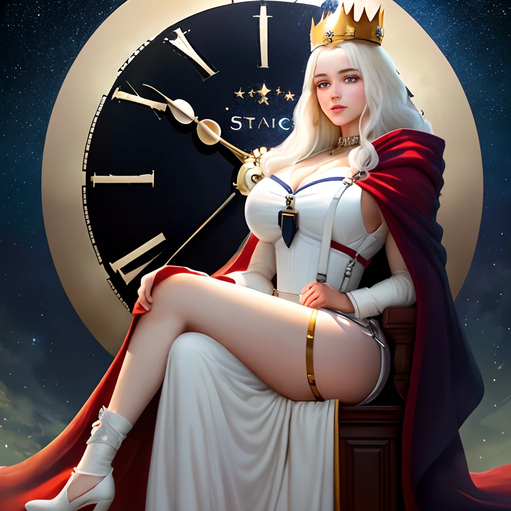 king,Masterpiece, high quality, exquisite wallpaper, 16k, animation, illustration, positive perspective, (Boundless starry sky background:1.4), (huge clock :1.5), perfect human body, complete body, delicate face, delicate features, noble maiden, royal sister, Sailor Girl, (solo:1.2), ((1girl)), white hair, long hair fluttering, long hair waist, (White hair :1.3), beautiful golden eyes, golden eyes, proud expression, proud expression, leisurely leisurely, aristocratic style clothing, gold and white tone, (white outside red inside long cloak :1.5), (white suspenders :1.4), (gold and white tone clothing), gold necklace, gold leg chain, (white and red soled high heels), (gorgeous crown :1.5), (sitting on the throne), (legs crossed), thin figure, sexy, ((large breasts)), (tall figure), tall height, bright moon, full moon