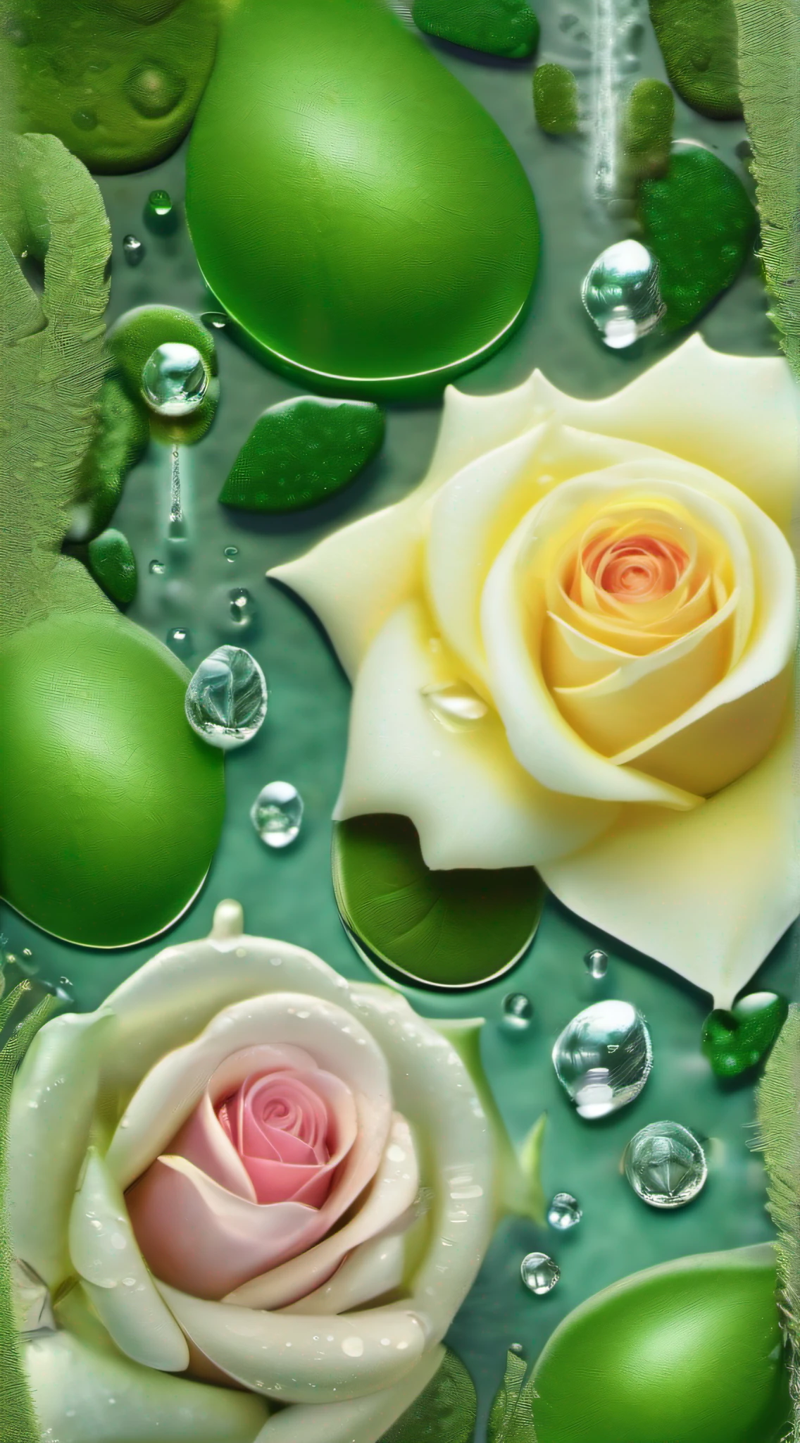 best qualtiy，Texture，Delicate and delicate，8K，Background with：Green forest after rain，The details are accompanied by a rose in a slit of mossy stone，Focus：macro，The light source：Top left，Lemon yellow rose，The petals are dotted with transparent water droplets，