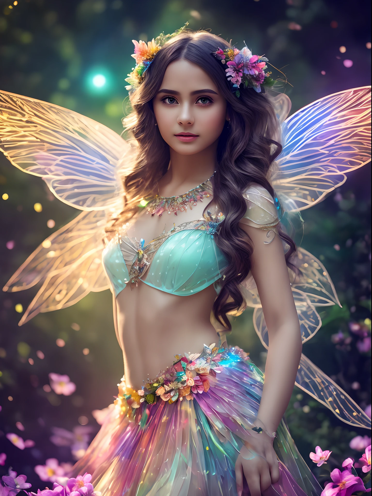 ln the forest,the night,Flower fairy, Skirt made of petals,Transparent colorful wings, Magic wand,with light glowing,Glow effects,depth of fields,high light,Real light,Ray traching,oc rendered,Hyper-realistic,best qualtiy,8K,Works of masters,super-fine,Detailed pubic hair,Correct anatomy,sharp focus on eyes,Bokeh,Facial features are carefully depicted