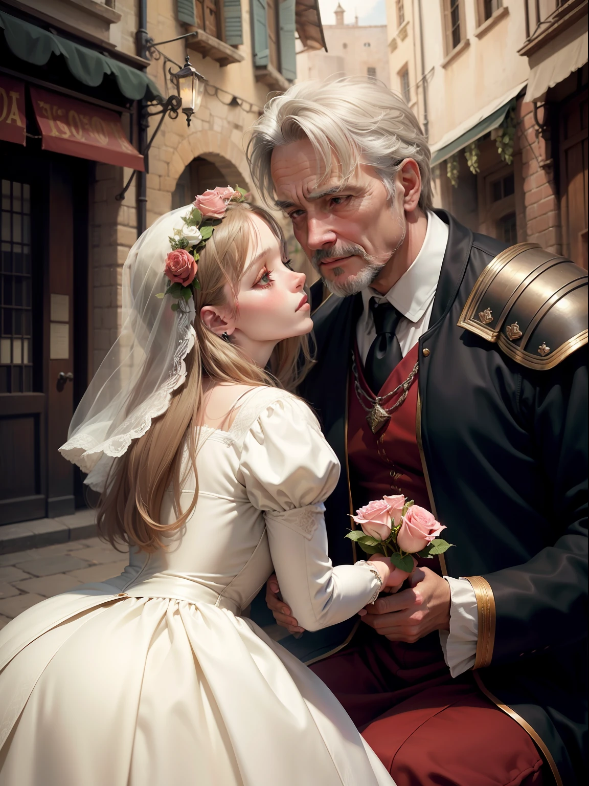 Close-up realism, depth of field. Shakespeare. 1200s. Old 50-year-old Romeo gets down on one knee and gives a rose to old 50-year-old Juliet. Blurred background of a medieval city, light haze