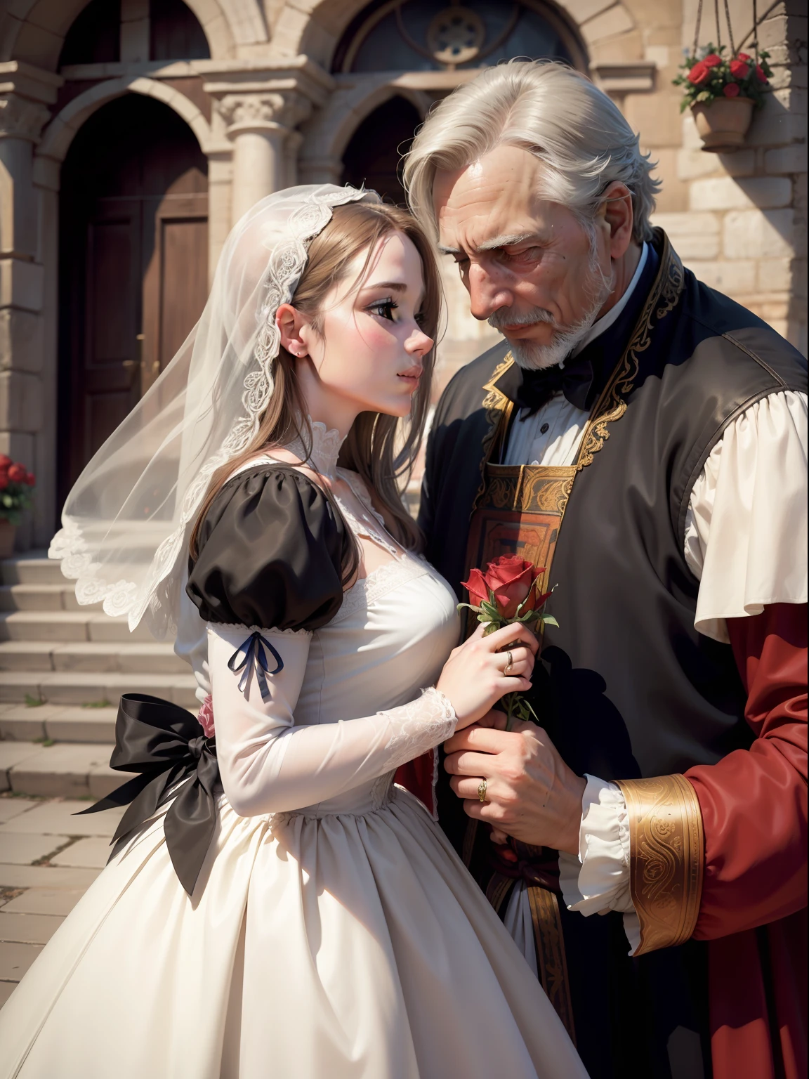 Close-up realism, depth of field. Shakespeare. 1200s. Old 50-year-old Romeo gets down on one knee and gives a rose to old 50-year-old Juliet. Blurred background of a medieval city, light haze