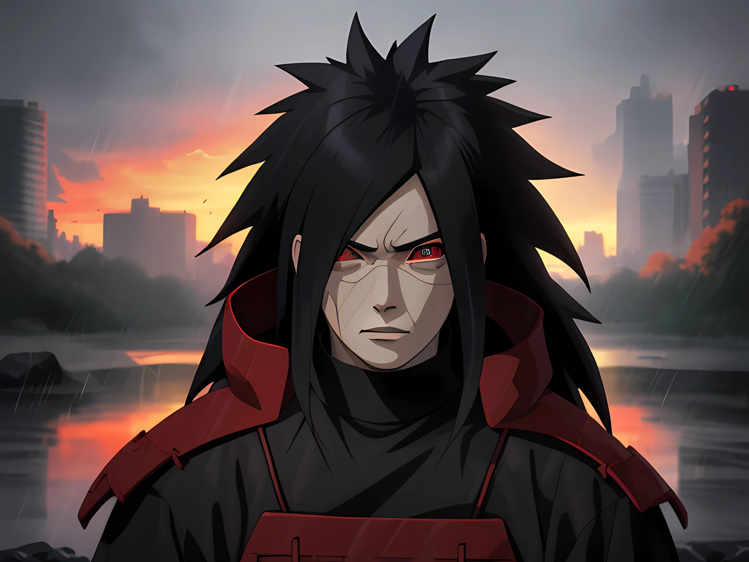 kk, Best quality, More details, Masterpiece, 1boy, madara uchiha, Portrait, Male focus, Red eyes, Solo, rim, view the viewer, Long hair, rain, Naruto \(City\), Hood, nail polish, Black hair, Luxurious, 8K, Detailed, Ray tracing, Depth of field, Cinematic lighting, Male