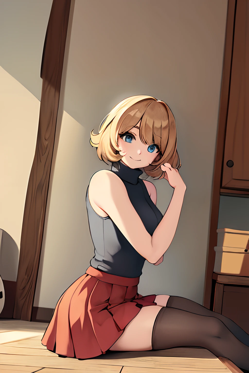 masterpiece, best quality, highres, serena \(pokemon\), short hair, blue eyes, 1girl, solo, thighhighs, red thighhighs, sleeveless, bangs, turtleneck, grey turtleneck, sleeveless turtleneck, skirt, red skirt, striped skirt, short skirt, cowboy shot, indoors, blonde, curvy, sitting, teenager, skinny, happy, gonzarez1938, view from side