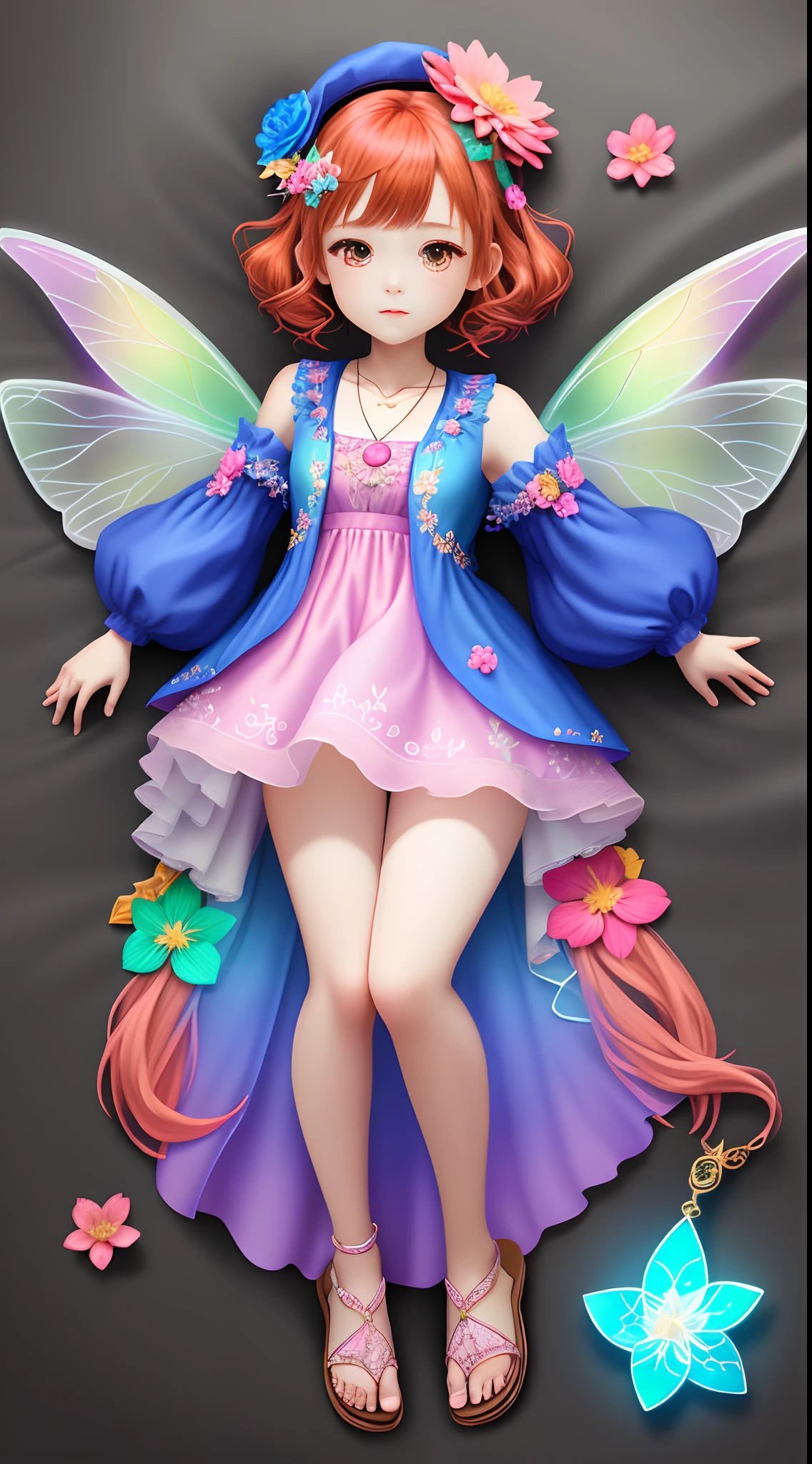 1 cute fairy，[（Transparency）+Colorful wings]，redheadwear，Floral hair ornaments，sandals,，pendant，Colorful dresses，Loose-fitting sleeved jacket，Magic wand，rosette，Perfect detailed face,intricately details, trending on artstationh, isometry, hyper HD, super sharp focus, masterpiece of intricate artwork。