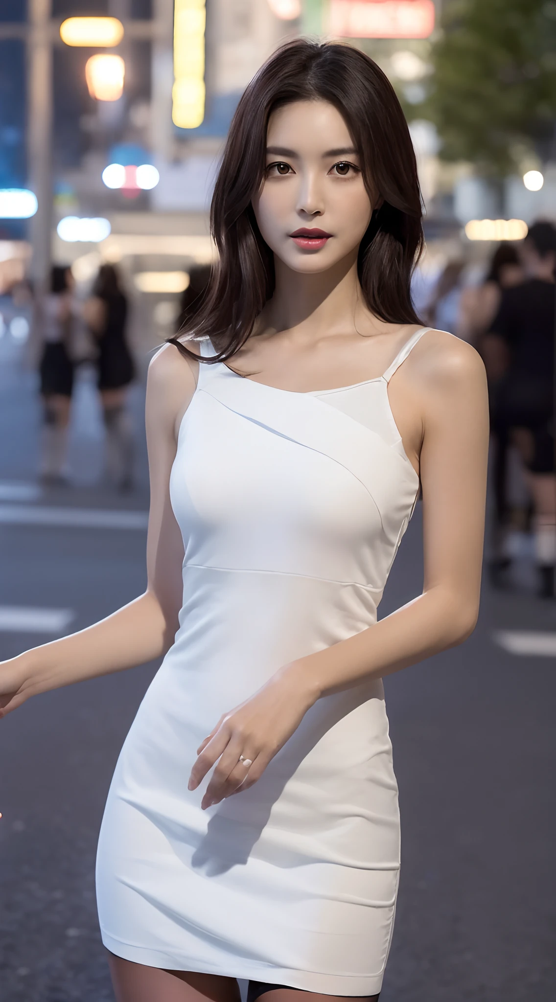((Realistic lighting, best qualtiy, 8k, tmasterpiece:1.3)), sharp fokus:1.2, 1girl, Beautiful Women with Perfect Figure:1.4, Slim abs:1.1, ((dark brown hair)), (See-through dresses:1.4),(exteriors,during night:1.1),the city street,Ultra-fine face,Fine eyes,二重まぶた,(Knee-length black stockings:1.5)