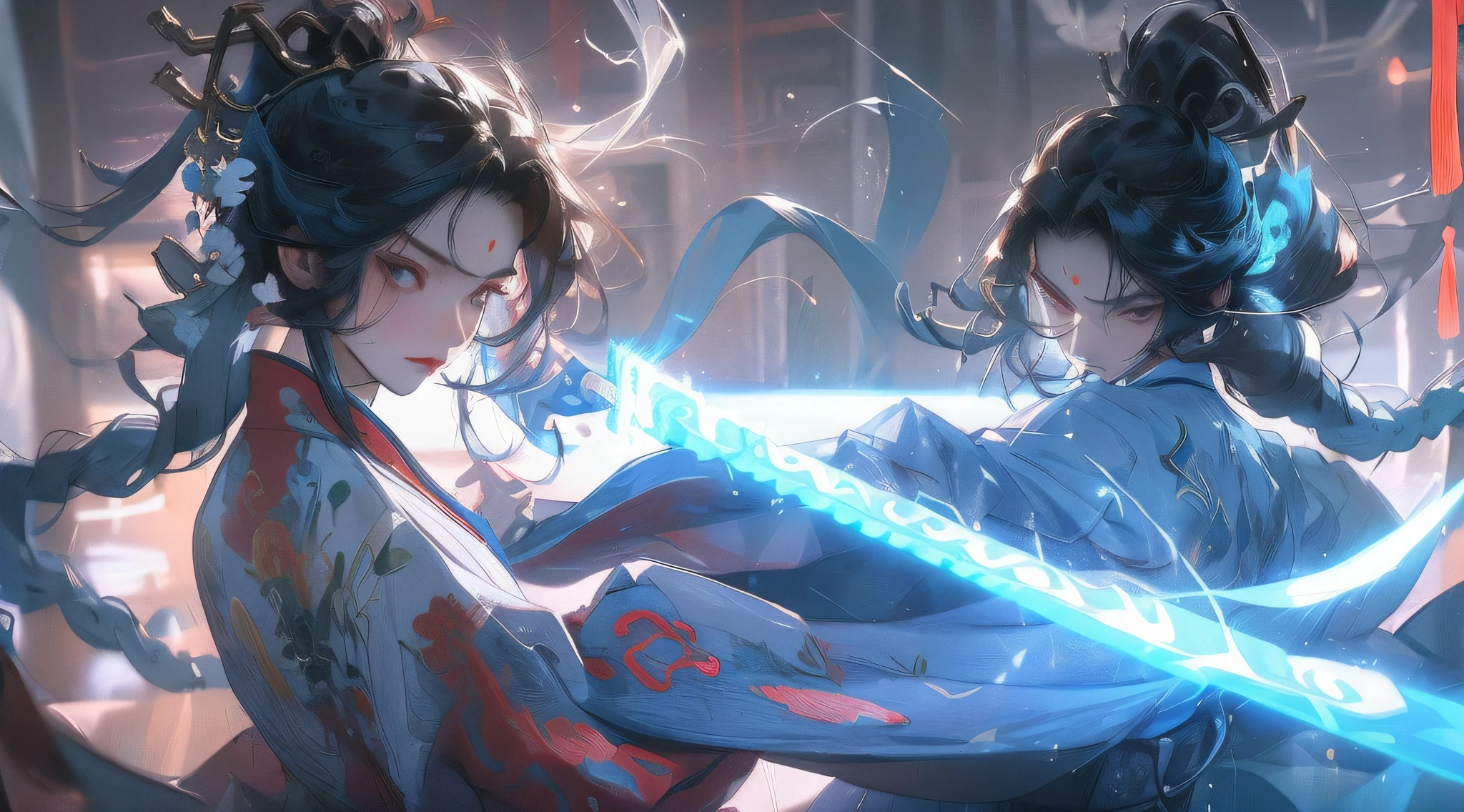 tmasterpiece,Need,A woman,China-style,Chinese Ancient Times,whaite hair,greyeyes,Bifurcation,long whitr hair,with long bangs,High ponytail,gentleness,A tranquil,Cyan robe,exteriors,cloaks,tree branch,Wind Comfort,The expression is serious, The posture is boxing