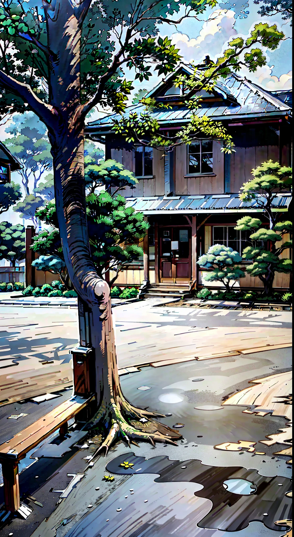 (best-quality:0.8), (best-quality:0.8), (((no humans))), broken introspective perfect anime illustration, front view, a bench under the tree, wooden house background, anime illustration, anime cartoon style, line art, comic line art drawing.
