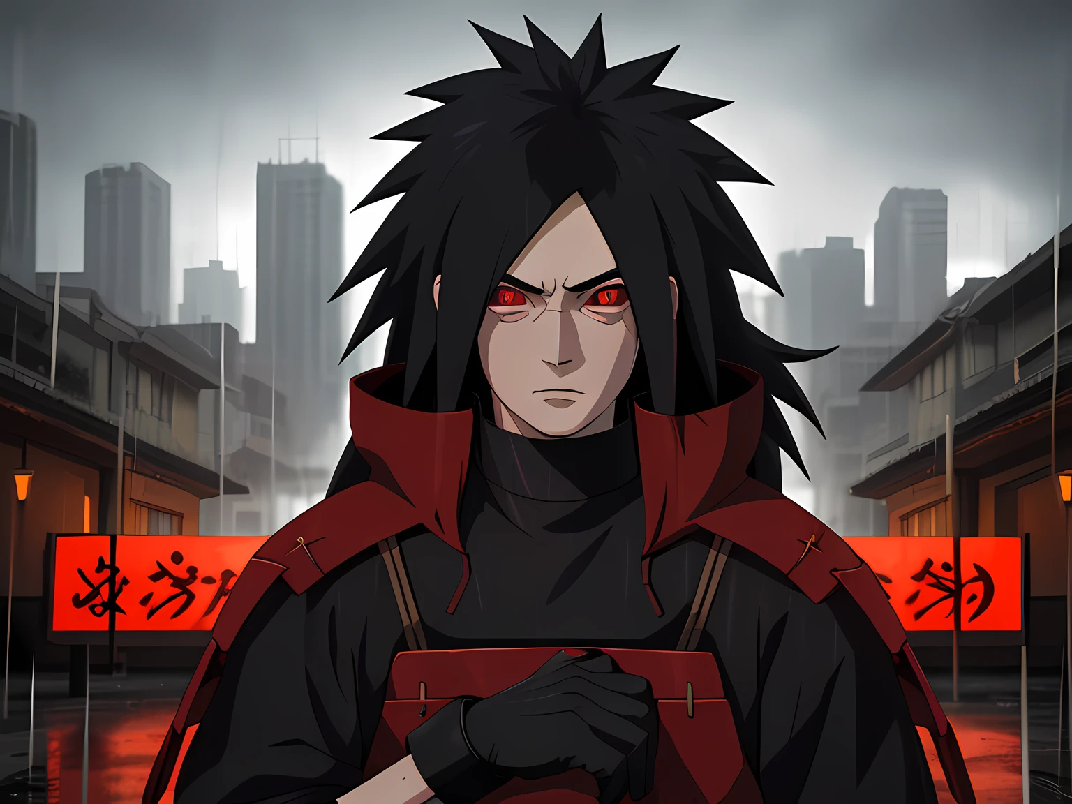 kk, Best quality, More details, Masterpiece, 1boy, madara uchiha, Portrait, Male focus, Red eyes, Solo, rim, view the viewer, Long hair, rain, Naruto \(City\), Hood, nail polish, Black hair, Luxurious, 8K, Detailed, Ray tracing, Depth of field, Cinematic lighting, Male