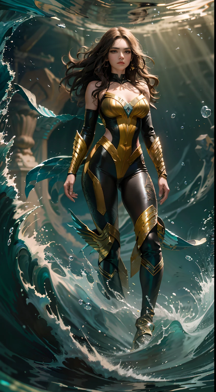 In the deep sea of Atlantis，A thriving underwater world，Undersea castle，（realisticlying：1.2），（hentail realism），（tmasterpiece：1.2），（best qualtiy），（Hyper-detailing），（8K，4K，复杂），（full body shot shot：1），（85mm），Particle light，illuminating，（high detal：1.2），（Detailed face：1.2），largeeyes，beautiful goddess woman，putting makeup on，s the perfect face，Perfect lighting，1girll，DC Super Hero Movie，Female Aquaman，Brown hair，long whitr hair，Bushy hair，floated hair，Aquaman，Aquaman，Arthur Curry，stormy sea，Big waves，High winds and waves，Death glow，Serious look， tight leather clothes，Sexy red tights，Openwork onesies，high-heels，Thin waist and thick hips，upper legs，Faust，huge boob，Red metal tights，There is a single-fold yellow lightning glowing pattern on the chest，The elbows are surrounded by a yellow lightning bolt pattern，There is a yellow lightning bolt pattern at the waist，yellow boots，There are streamlined ornaments on the outside of the ears。There are black or gold lines on the structural lines of the body，（Glowing skin），Glowing skin，Yellow aura of power，green pupills，Gravel background，Broken ground，（finelydetailedskin：1.3），（nice hand），Detailed hands，detailed back ground, perfect  eyes, Seductive eye, looking at viewert, From the front，cinematric light，edge lit，超高分辨率，Best shadow，delicated，octanerender，unreal-engine，Speed through the underwater world，swim pose，Wave effect surrounding，
