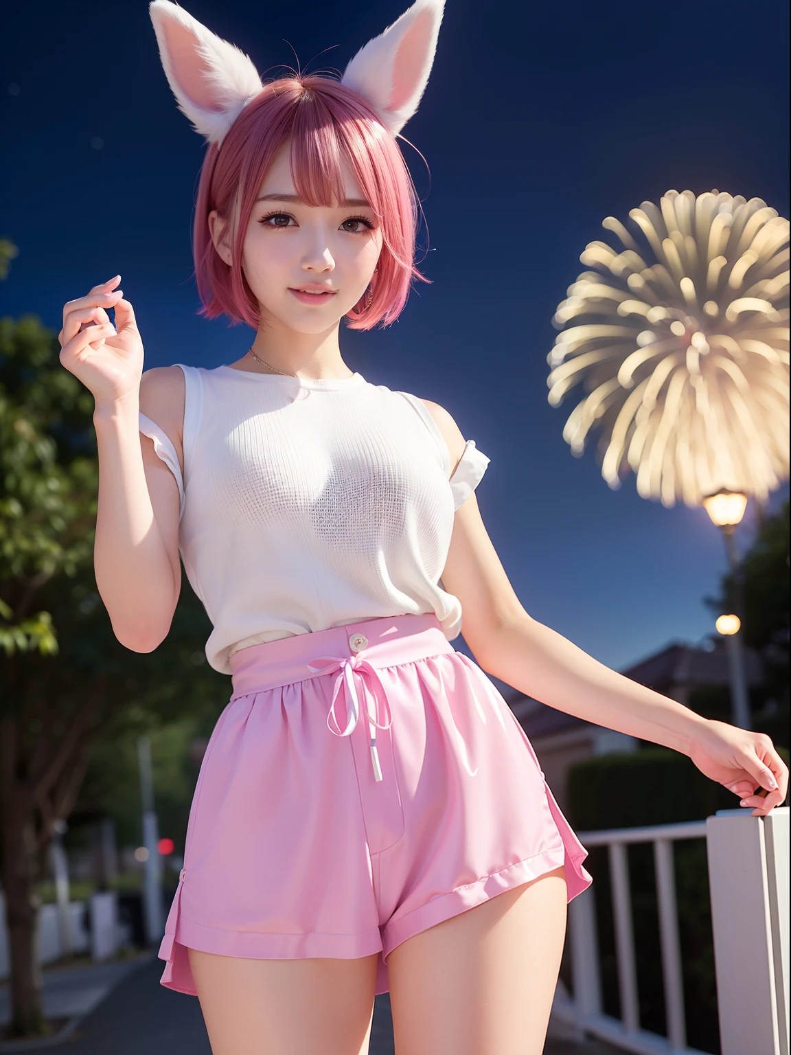 Fireworks Festival、Fireworks in the night sky、skyrocket、Large T-shirt、Pink shorts、Knee-length T-shirt、Pink T-shirt、Pink Shortcut Bob、Realistic rabbit ears、rabbit ears pink hair sticking out of the head,,,,,,,,,、Beautiful shaped hands、K-POP、Pink rabbit ears、1 girl in、独奏、​masterpiece、top-quality、realisitic、Hyper-detailing、(Glossy skin:1.4)、Lustrous smile、Smiling eyes、Smiling lips、absurderes、Looking at the camera、short pink hair、red eyes、Red Eyes、Slender beauties、动态照明、hight resolution、foco nítido、depth of fields、Detailed eye、Sharp eyes、Realistic eyes、(thick thight:1.0)、small tits、Beautuful Women:1.4、Slender Abs:1.2、((Short-cut bob hair))、((k pop:1.3))、Highly detailed facial and skin texture、((魅惑的))、Anatomically correct number of fingers、Clean nails、Correct anatomy、Beautiful AI beauty woman with pink short bob hair and rabbit ears、