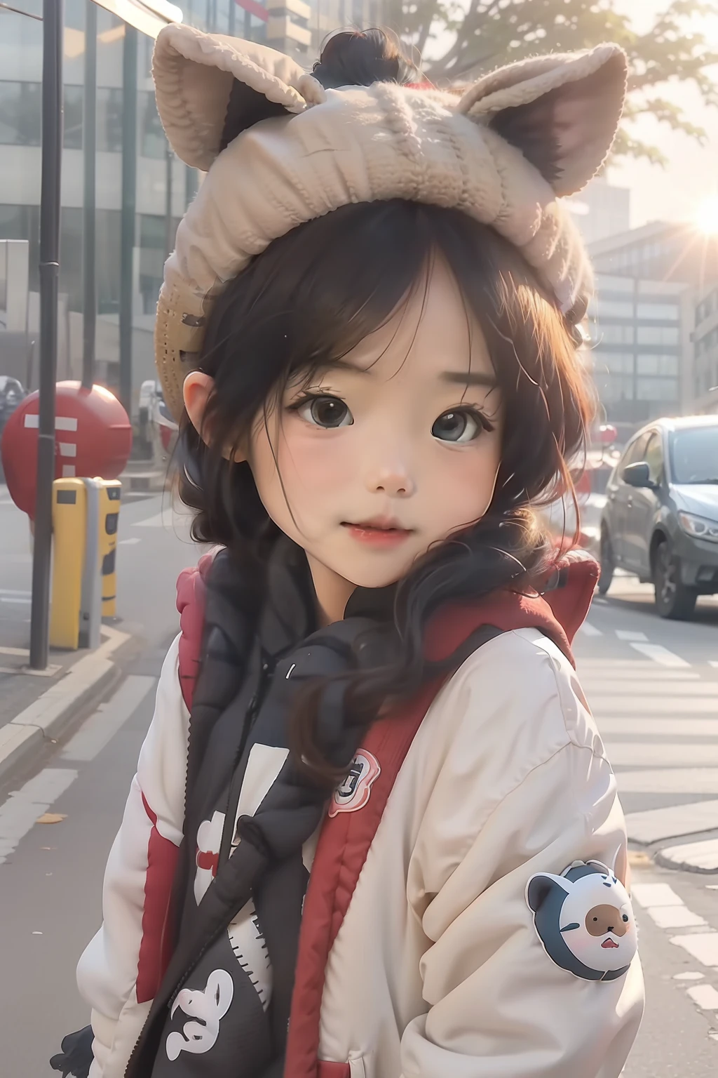 Character "Mei Mei Children's Clothing"；and the sun was shining brightly；A cartoon animal