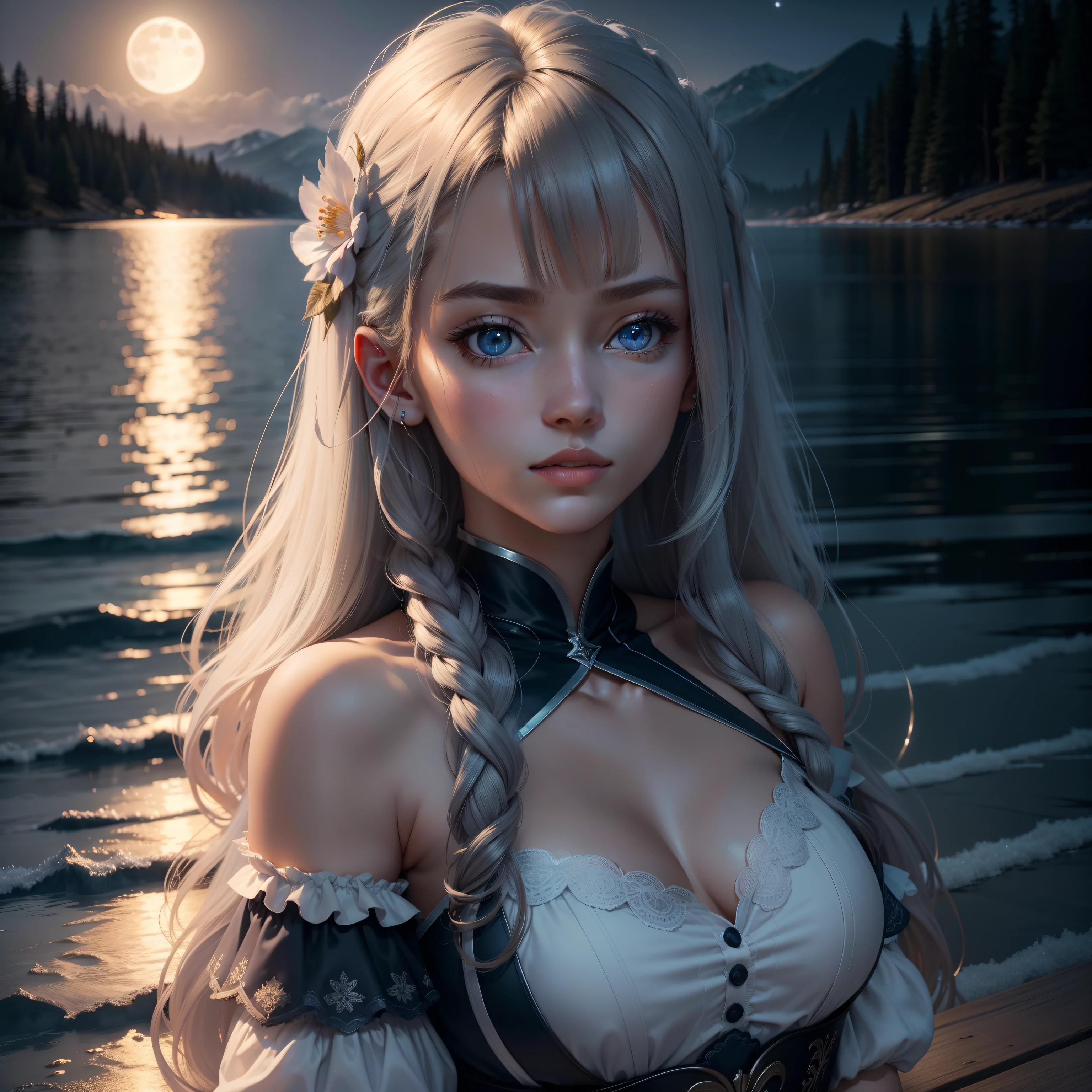 Lake light moonlight background，Tall boys and sweet girls，Bright moonlight（moon full：1.2），Movie CG，Hyper-realistic，tmasterpiece，Extremely detailed，Detailed eyes，Beautiful skins，is very beautiful，finely detailled