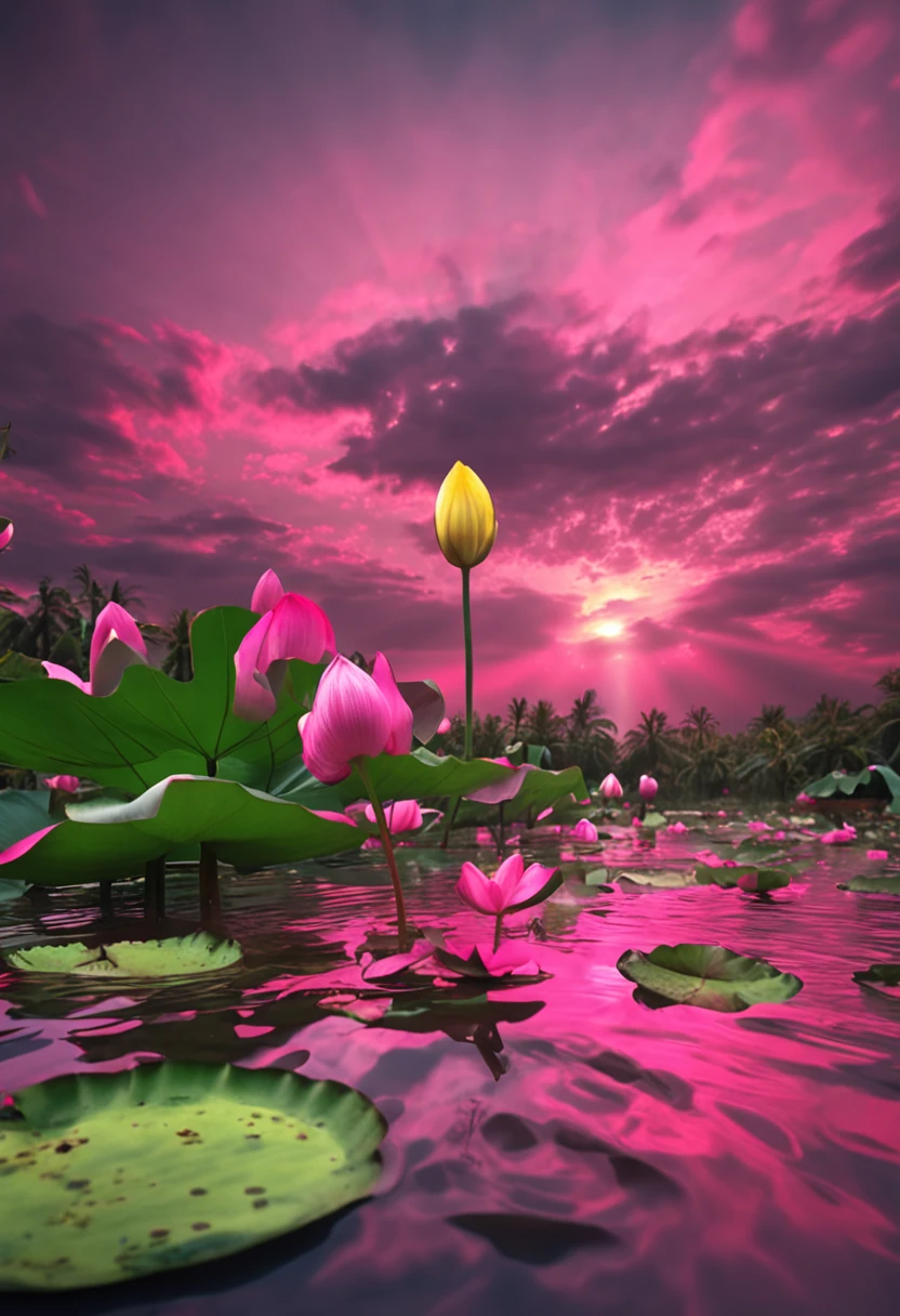 Bumbu Abu Abu Aban Buatam Pink Morning Sun, rainbows, Water drops on lotus leaves.