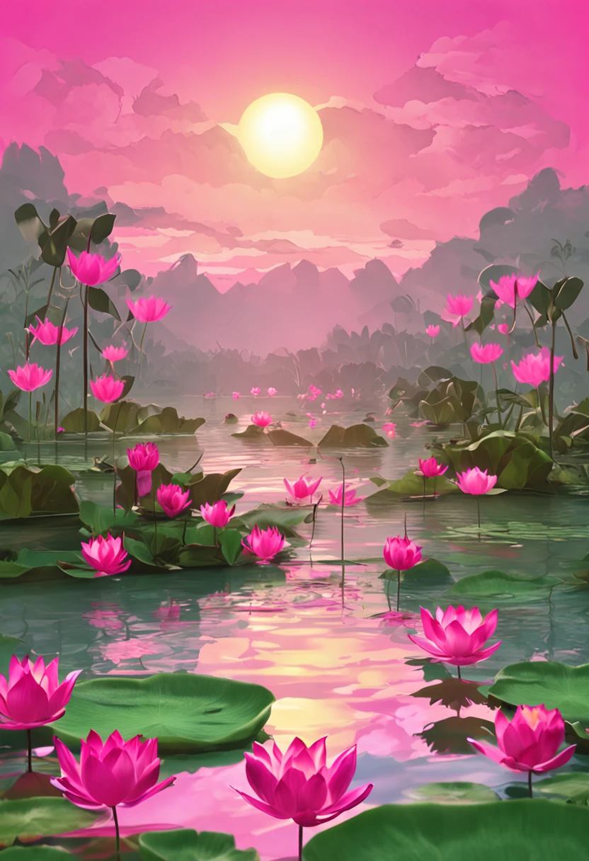 Bumbu Abu Abu Aban Buatam Pink Morning Sun, rainbows, Water drops on lotus leaves.