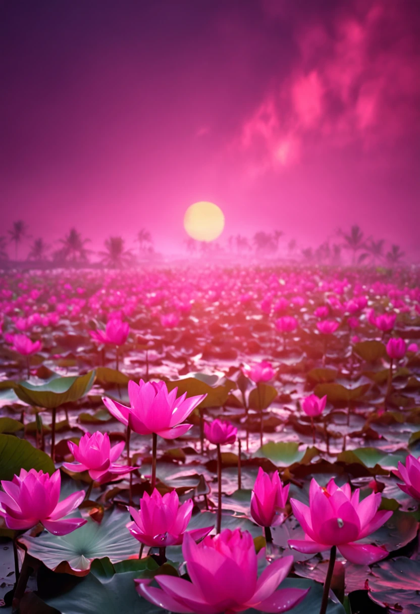 Bumbu Abu Abu Aban Buatam Pink Morning Sun, rainbows, Water drops on lotus leaves.