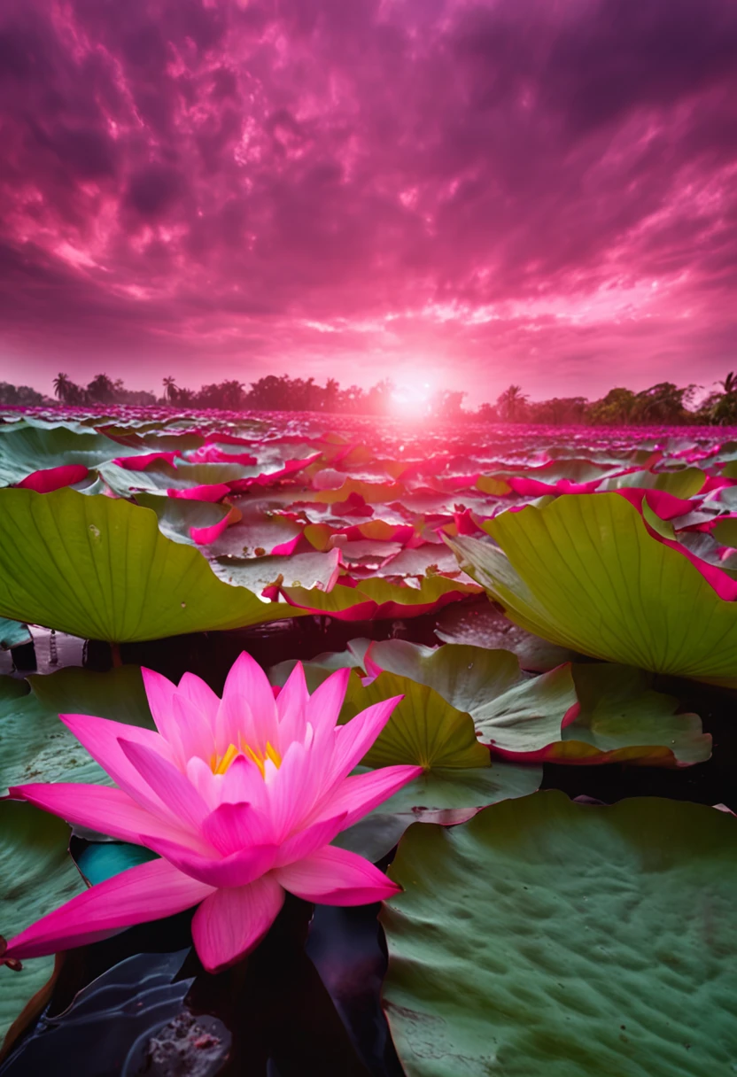 Bumbu Abu Abu Aban Buatam Pink Morning Sun, rainbows, Water drops on lotus leaves.
