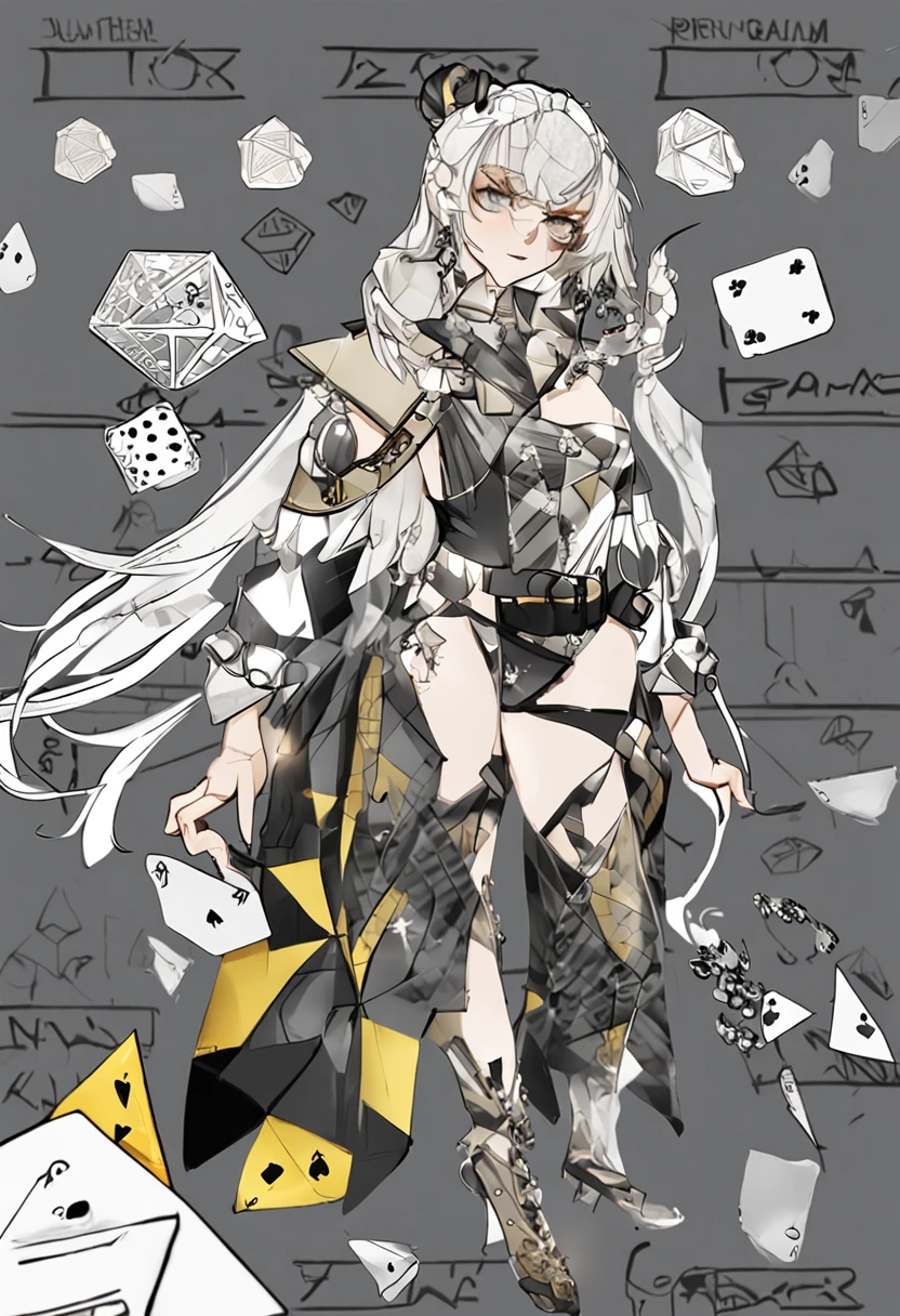 A diamond-patterned dice,Triangular hairpins,Charturnerv2, concept-art, full bodyesbian, detail_face, line_sketch, PlanIt, offcial art, Official alternative costumes, Design style, Multi-style, Detail role, Original, 8K GC, Lots of details, Technical illustration,tmasterpiece,best qualtiy,Yellow, black and gray color scheme,bound legs,long eyelasher,Gray-green hair, crossed bangs, Amber eyes, horizontal pupils, tachi-e,diamond-shaped pupils,The pleated skirt hangs playing cards and chips,Blazer,nopan,mitts,s girl,Tsundere,thongs,The pose of throwing out the playing cards, flatchest