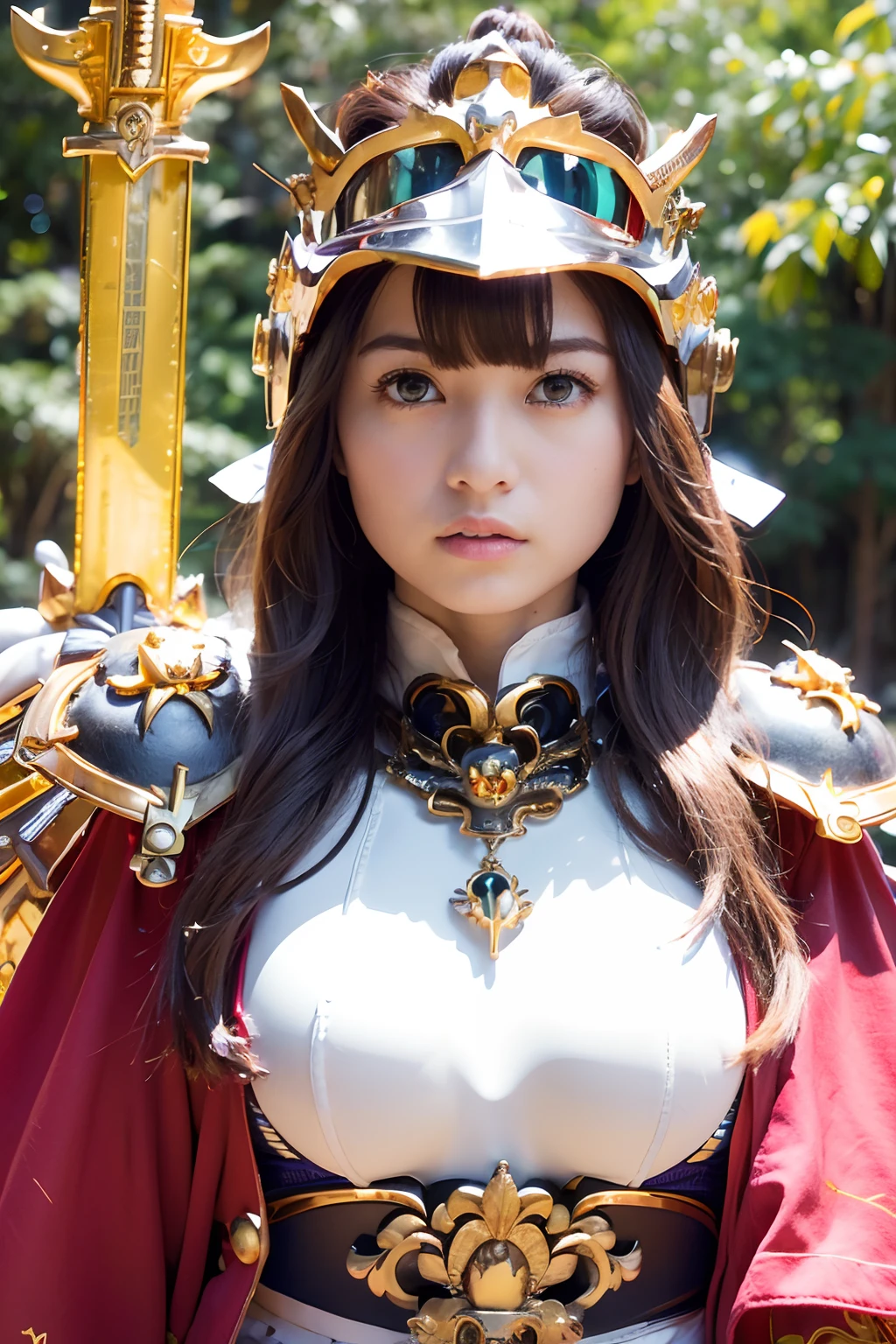 (masutepiece), Professional , masterpiece、top-quality、photos realistic , depth of fields ,(Wind element),close-up,dream magical,tornado,Lightning,cleavage of the breast、(Gemstone Gold Jewel Body:1.6),(Matte White、Jewel Gold Weapon_、(Metal:1.4),Gorgeous Jewel Metal Weapons ,(( Detailed Sword of the Brave)) ,(Stand in front of the dragon)、(magic circles、Magic Chanting)、 Castle background ,warhammer 40k , adepta sororitas,Wear a gorgeous jewel helmet with attention to detail、Brown hair、((Gangle's forest background))、Beautiful Caucasian beauty、1a person、dynamic ungle,(((Legendary Armor Jewelry Helmet)))、Particles of light、cleavage of the breast、Battle Pose、Mystical expression、