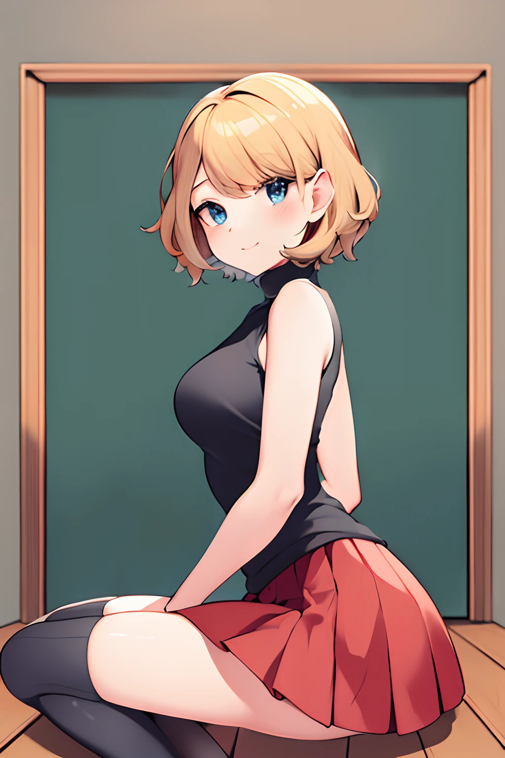 masterpiece, best quality, highres, serena \(pokemon\), short hair, blue eyes, 1girl, solo, thighhighs, red thighhighs, sleeveless, bangs, turtleneck, grey turtleneck, sleeveless turtleneck, skirt, red skirt, striped skirt, short skirt, cowboy shot, indoors, blonde, curvy, sitting, teenager, skinny, happy, gonzarez1938, view from side