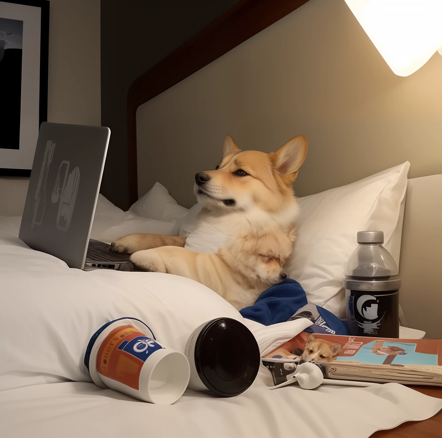 there is a dog that is laying down on a bed，Have a laptop, corgi and cat fixing the website, having a snack, corgi cosmonaut, waking up, cute corgi, 3am, 3 am, .gif, Corgi, ultra real photo, hyperrealistic picture, governor, movie still of a tired, relaxing after a hard day, Good morning
