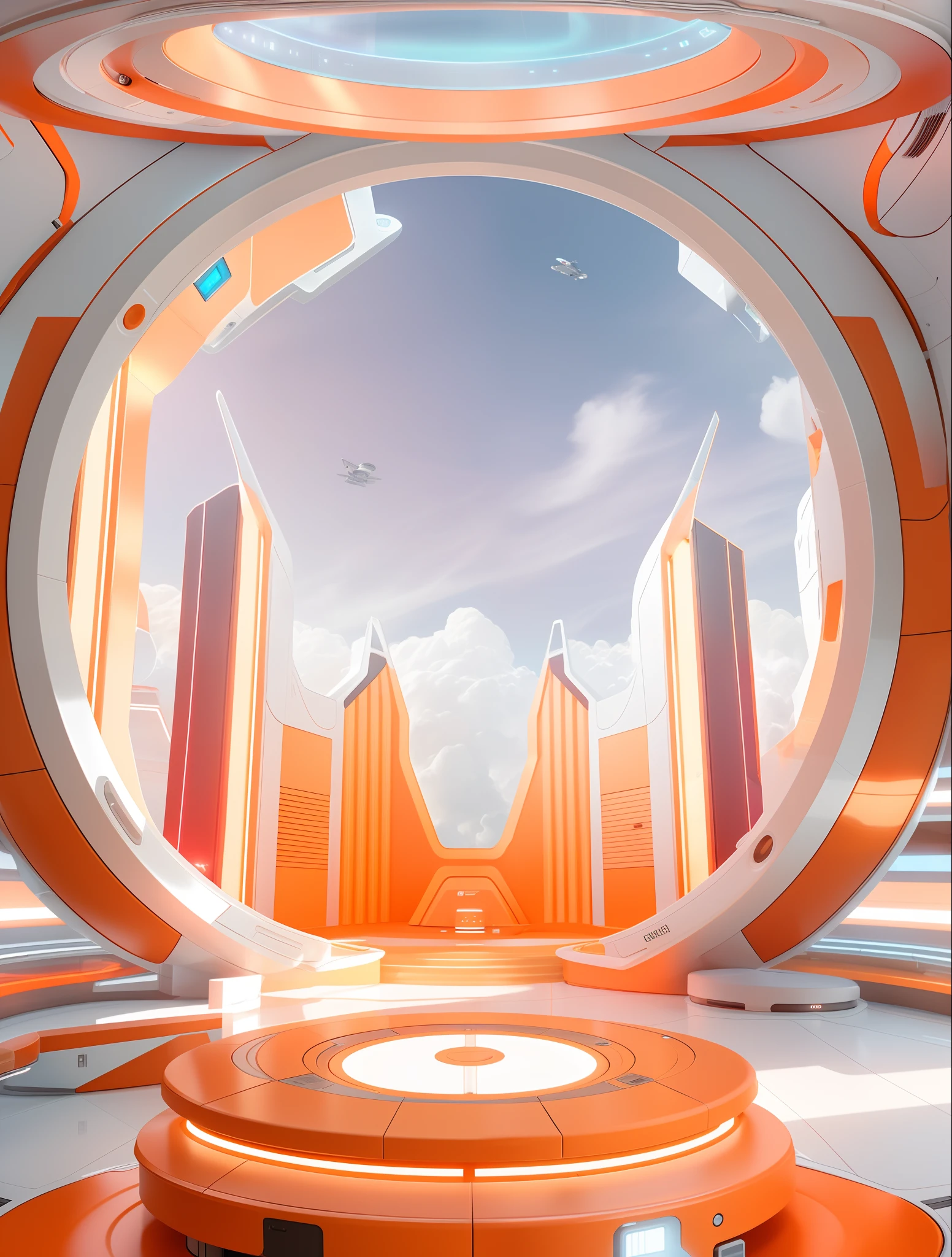 There is a futuristic hatch，There's a tech podium in the middle，There are clouds outside the door，Orange colors, futuristic interior, futuristic space ship interrior, Futuristic setting, futuristic hall,   futuristic space station, deck, futuristic environment, Alien ship deck，3D，Ultra high quality