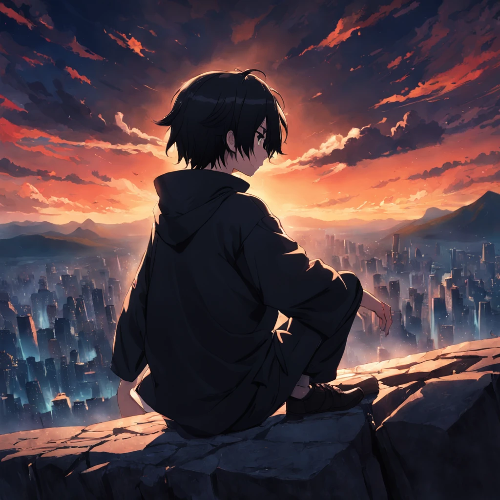 tmasterpiece，best qualtiy，cinematic Film still from，A boy with，Back，Black assassin clothes，Sit on the edge of a cliff facing the sun