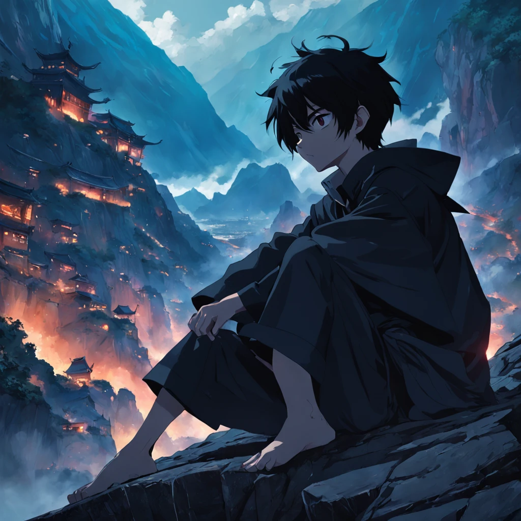 tmasterpiece，best qualtiy，cinematic Film still from，A boy with，Back，Black assassin clothes，Sit on the edge of a cliff facing the sun
